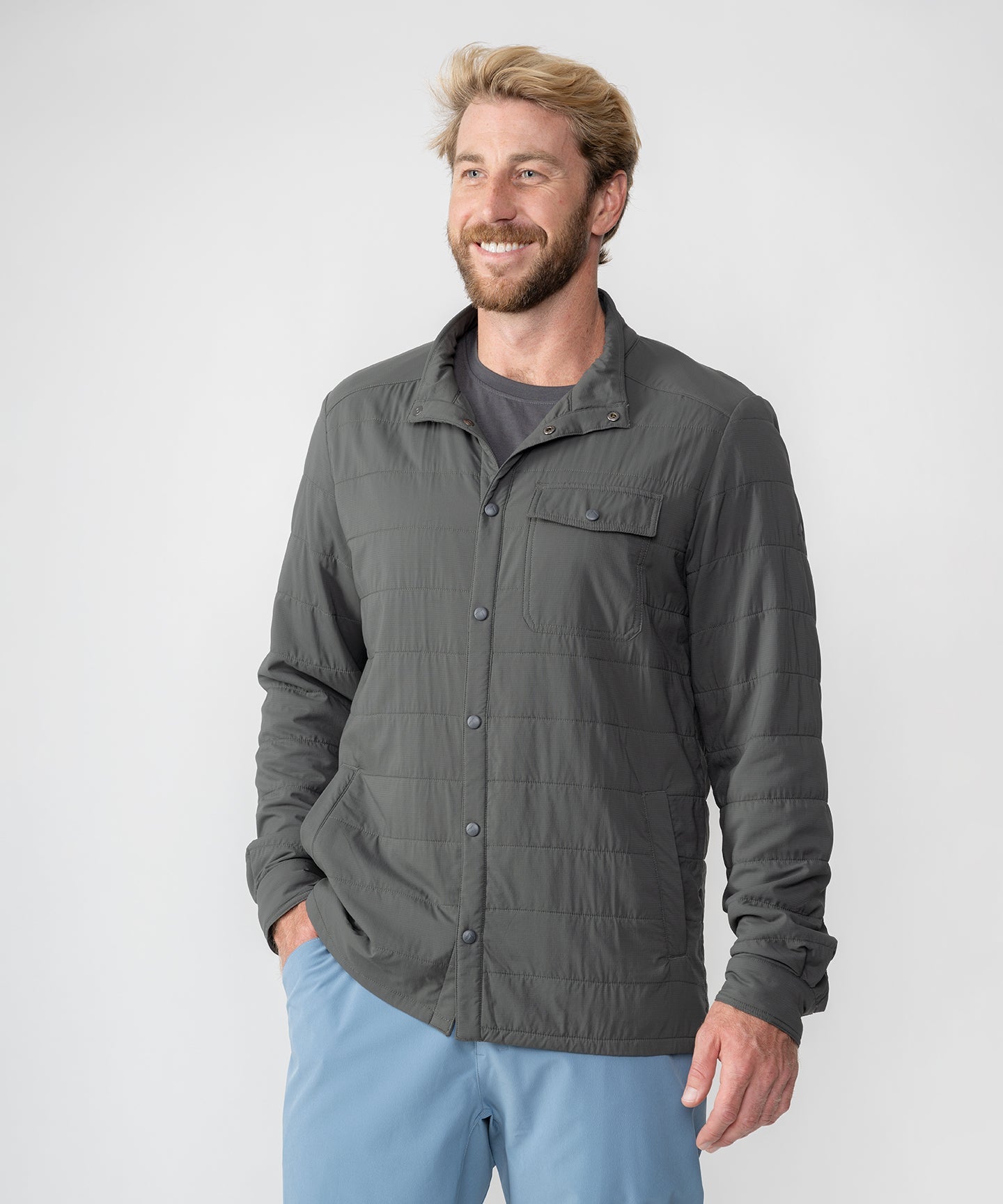 Charcoal M's Highlands Shirt Jacket by Strafe Outerwear, showcasing a stylish mid-layer design with button-up front.