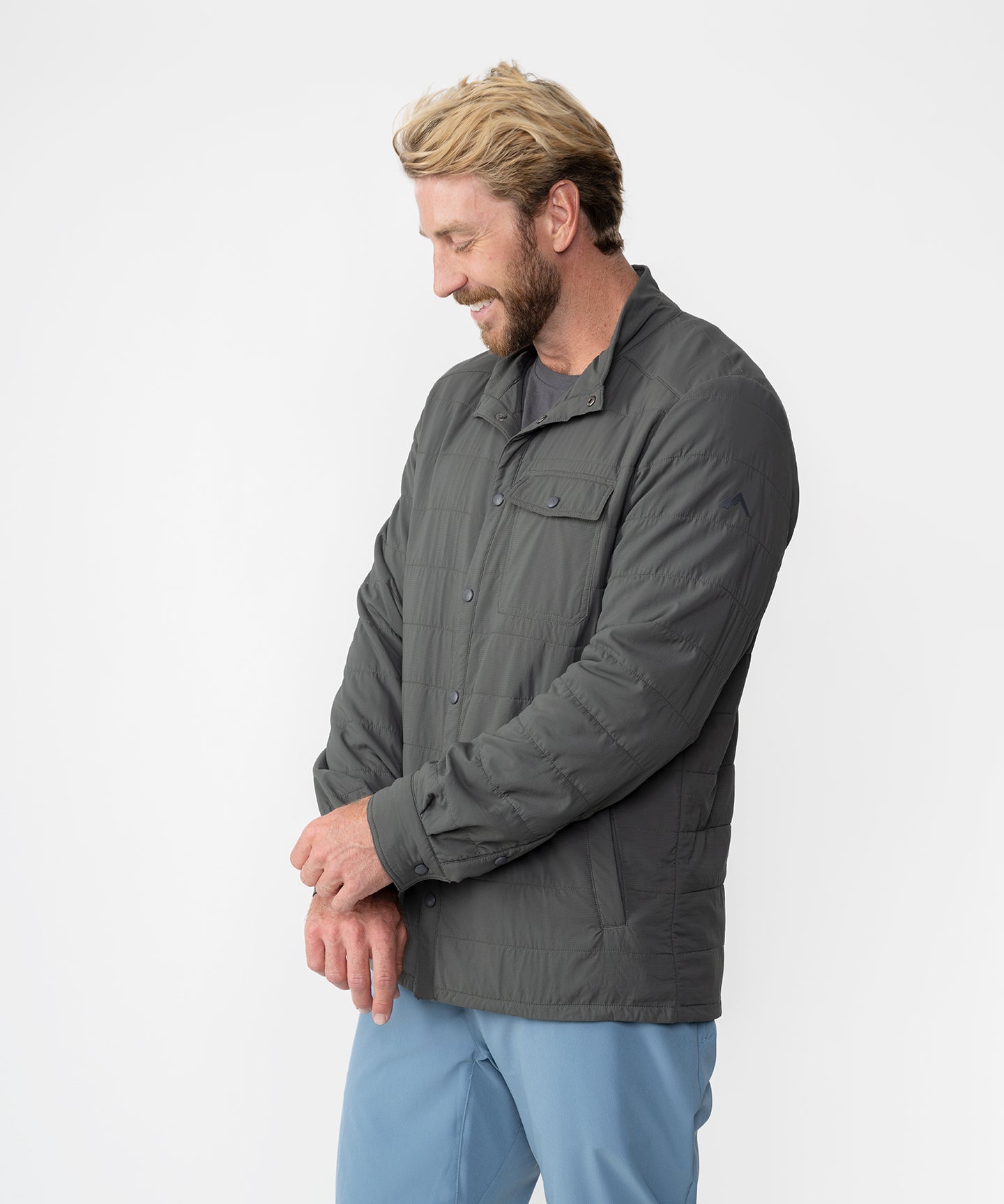Strafe Outerwear M's Highlands Shirt Jacket in charcoal, showcasing a stylish mid-layer design with a button-up front.
