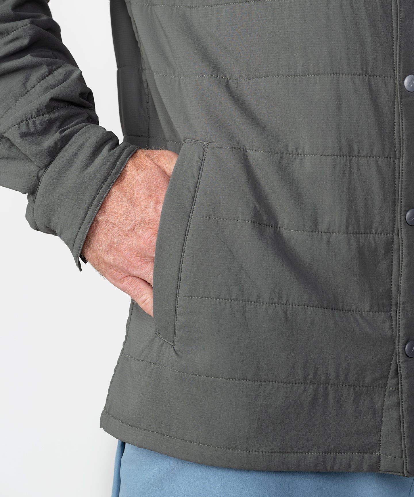 Charcoal Strafe Outerwear M's Highlands Shirt Jacket, a stylish mid-layer with a relaxed fit and button-up design.