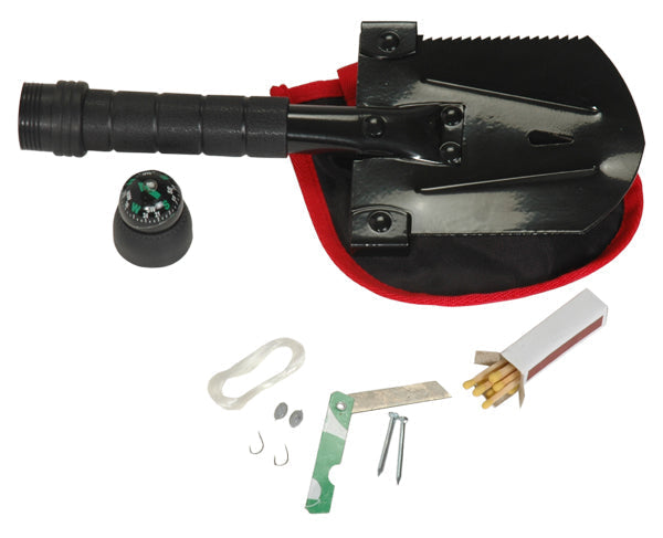 Portable multi-function survival shovel with folding design, built-in compass, and survival kit features for outdoor emergencies.