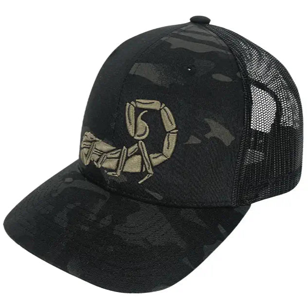 HCC Tactical Scorpion Trucker Hat in MultiCam Black with mesh back and embroidered patch, casual outdoor headwear.