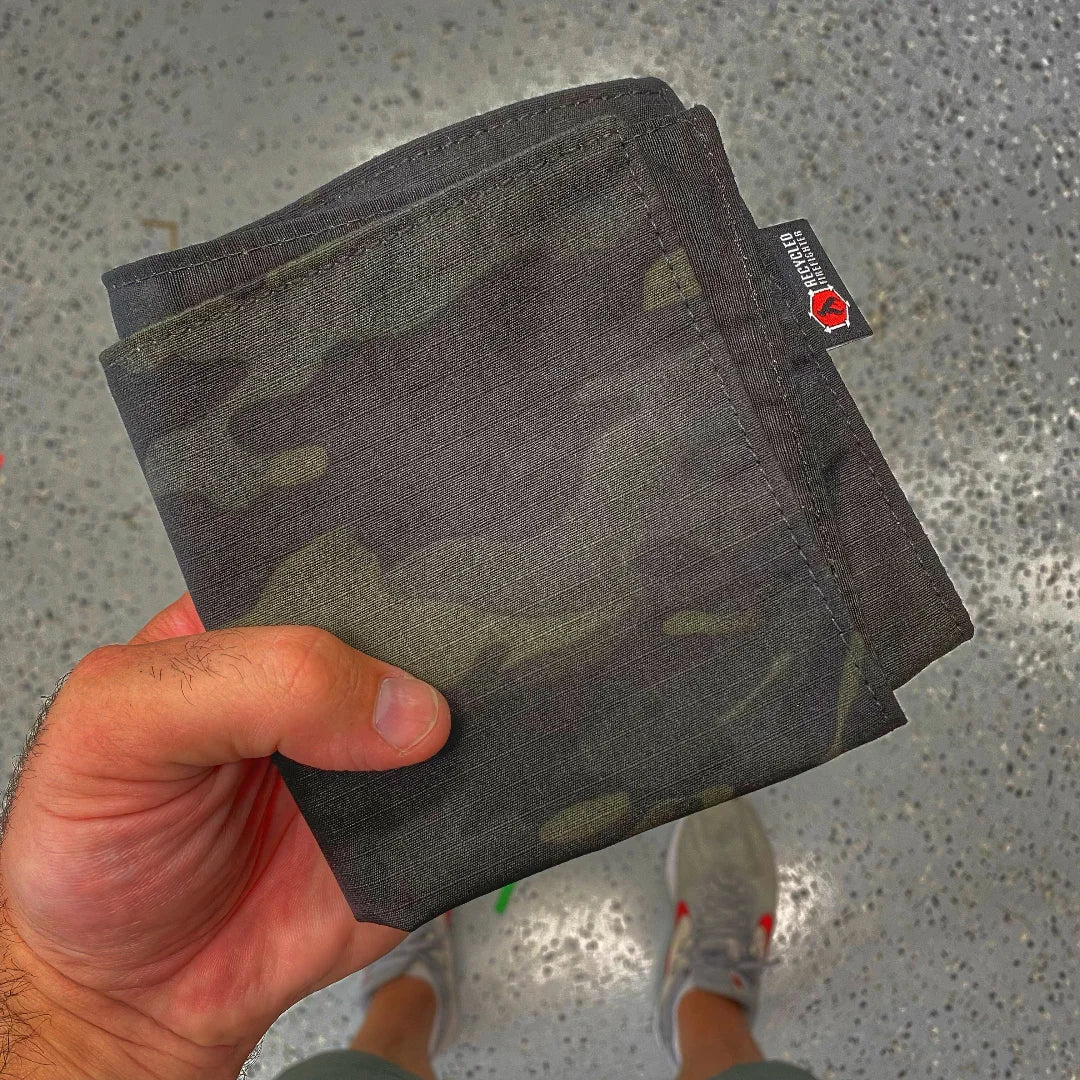 Recycled Firefighter Multicam Hank Limited Edition patch featuring black camouflage design and detailed embroidered lettering.