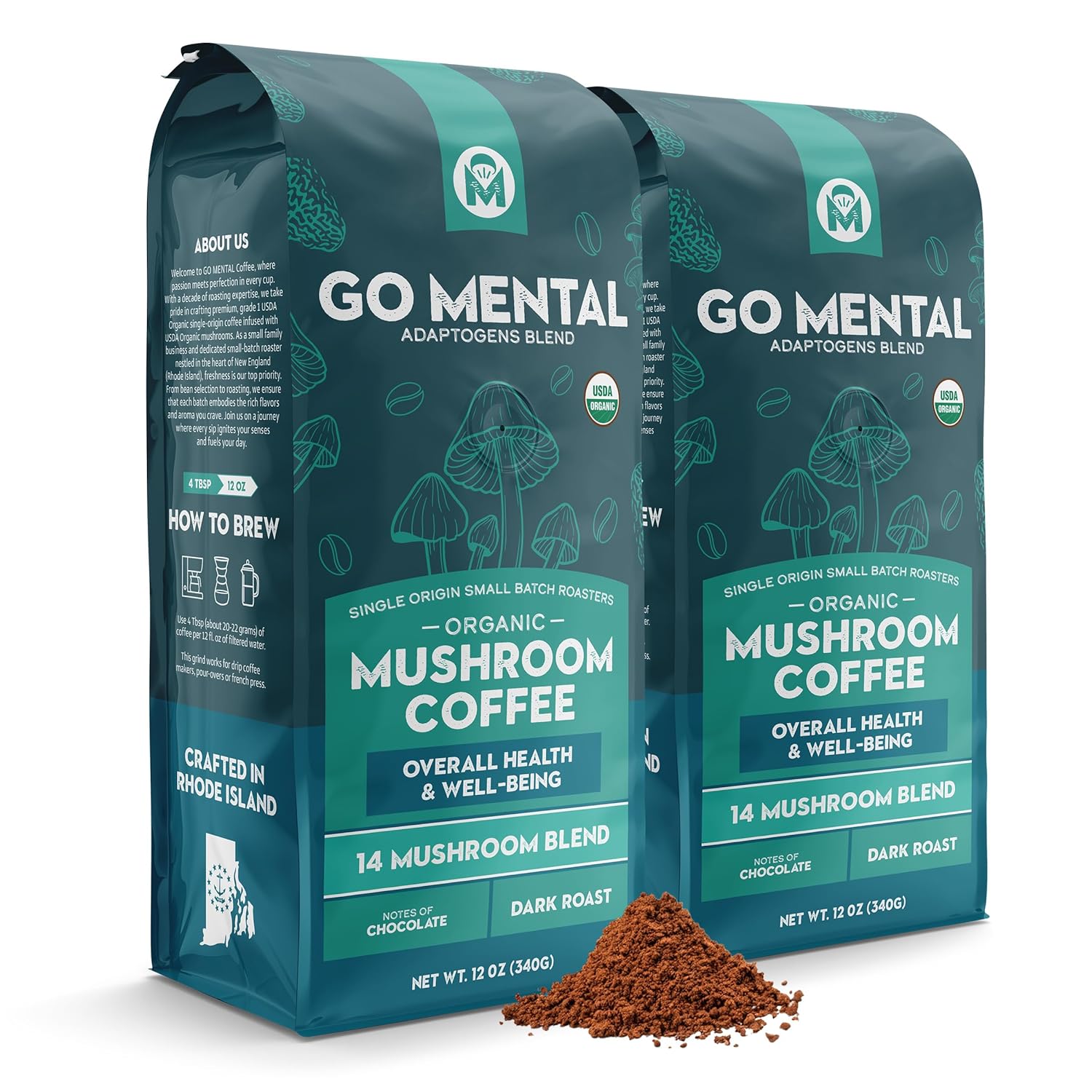 A cup of GO MENTAL MUSHROOM COFFEE 14 Mushroom Coffee Adaptogens Blend with mushrooms and coffee ingredients on a wooden surface.