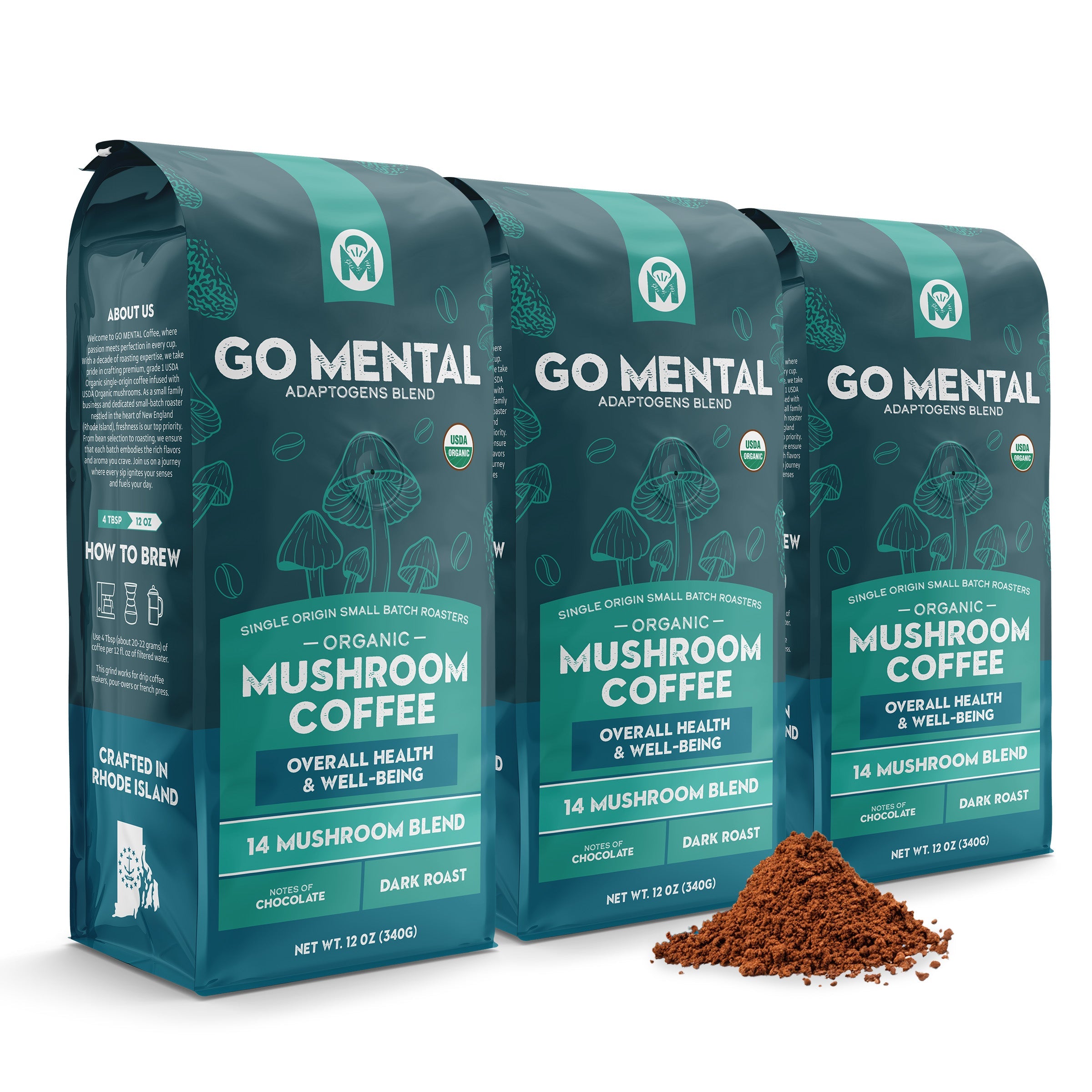 Cup of GO MENTAL MUSHROOM COFFEE 14 Mushroom Adaptogens Blend featuring a steaming mushroom coffee drink in a mug.