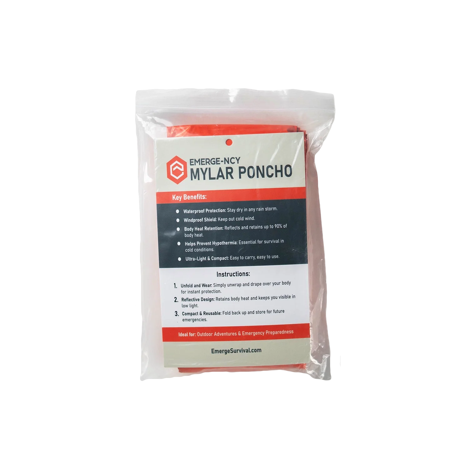 Emerge Survival Mylar Poncho spread out showing reflective silver surface designed for emergency weather protection.