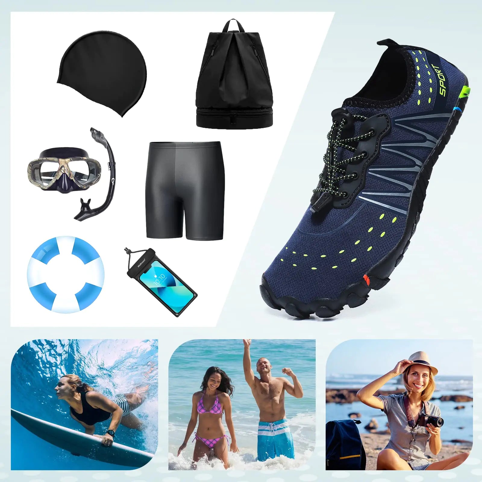 ziitop Water Shoes for Men Women Beach Barefoot Swim Rock Climbing Pool Shoes Socks, Anti-Slip Breathable Quick Dry Lightweight Slip-on, Outdoor Sport Hiking Walking Boating Fishing Diving Surfing 10.5 Women/9.5 Men Blue - OVERLANDERS Outfitter