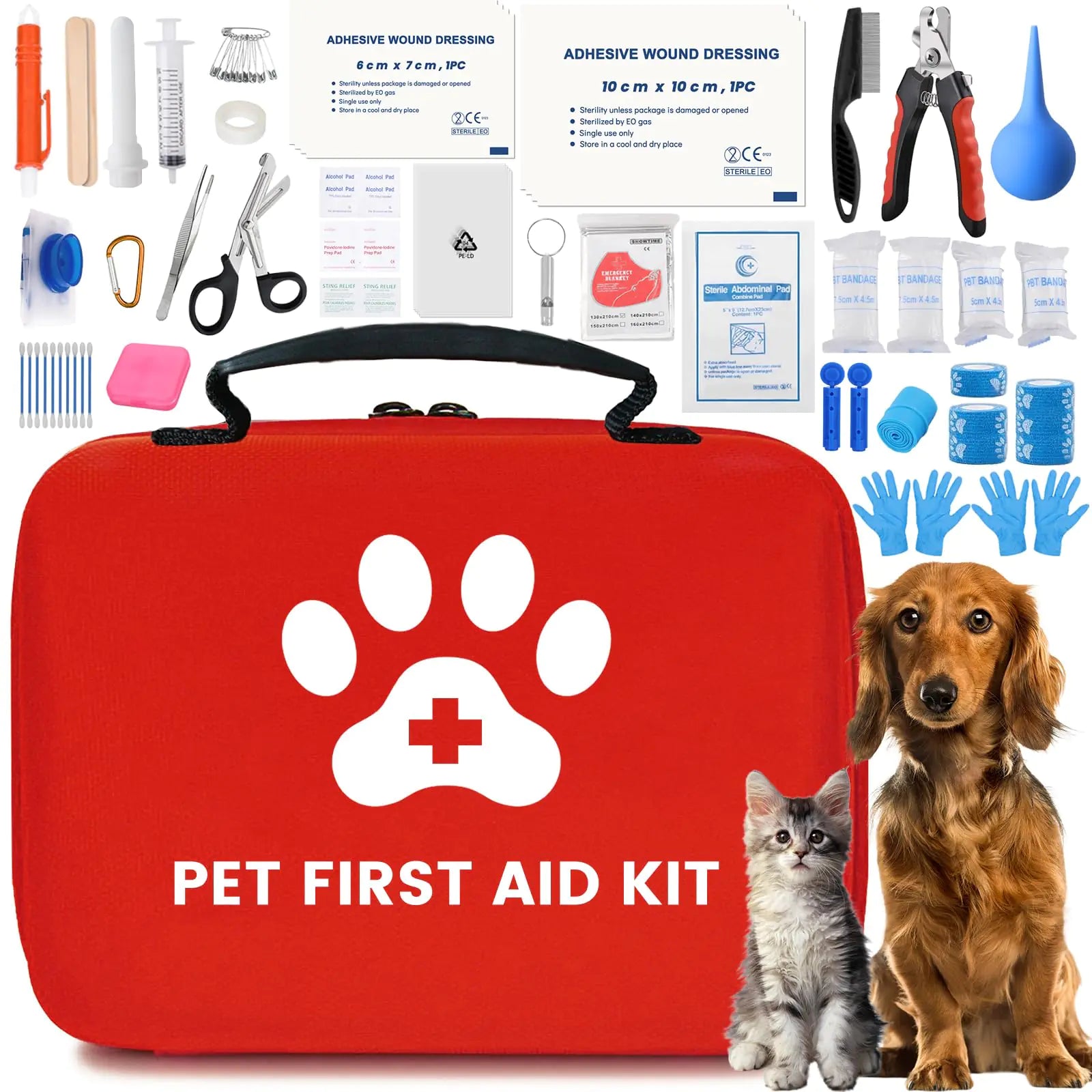 Mimarta dog and cat first aid kit with red case, including medical supplies for pet emergencies at home, travel, or outdoors.