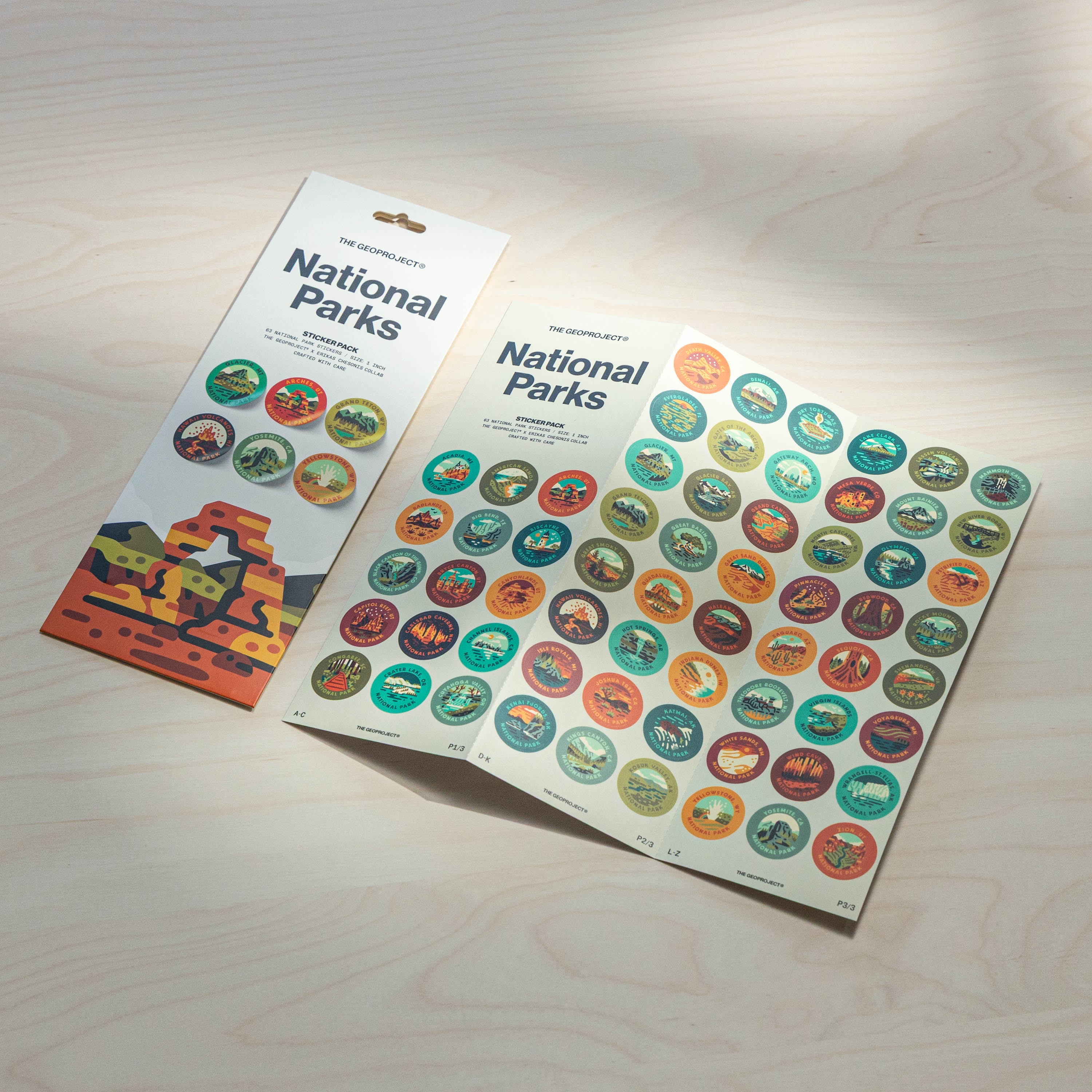 Set of National Park stickers from THE GEOPROJECT, featuring outdoors-themed designs for decorating bottles and gear.