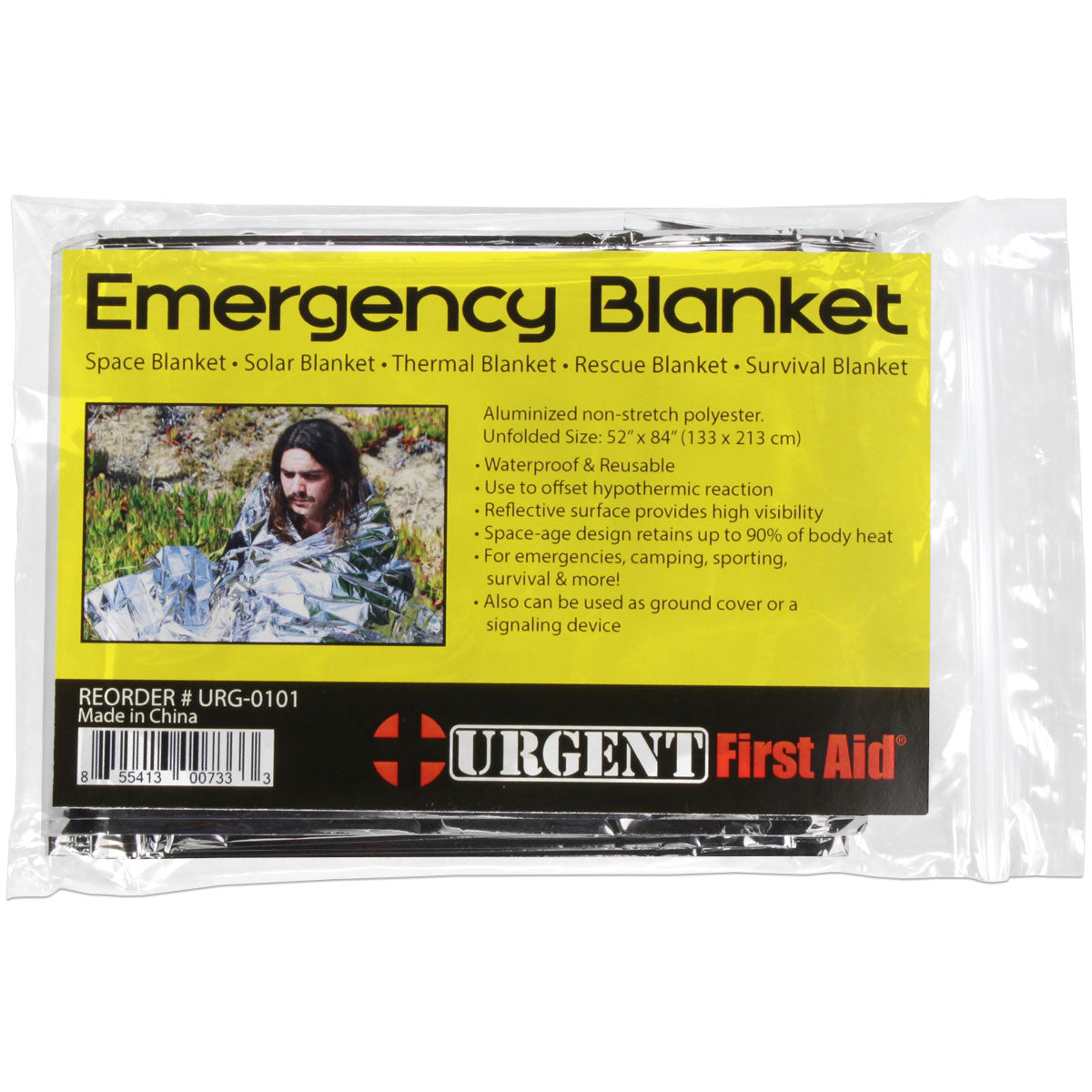 NASA-style emergency Mylar space blanket providing lightweight thermal shelter and warmth for survival situations.