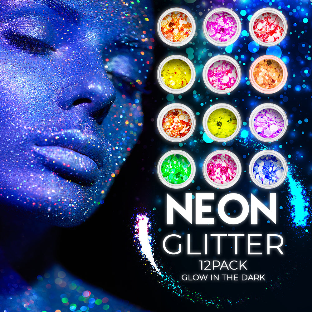 12 pack  Neon Glitter + 1 glitter glue Chunky Cosmetic Holographic Glitter | Body, Face & Hair Safe - OVERLANDERS Outfitter