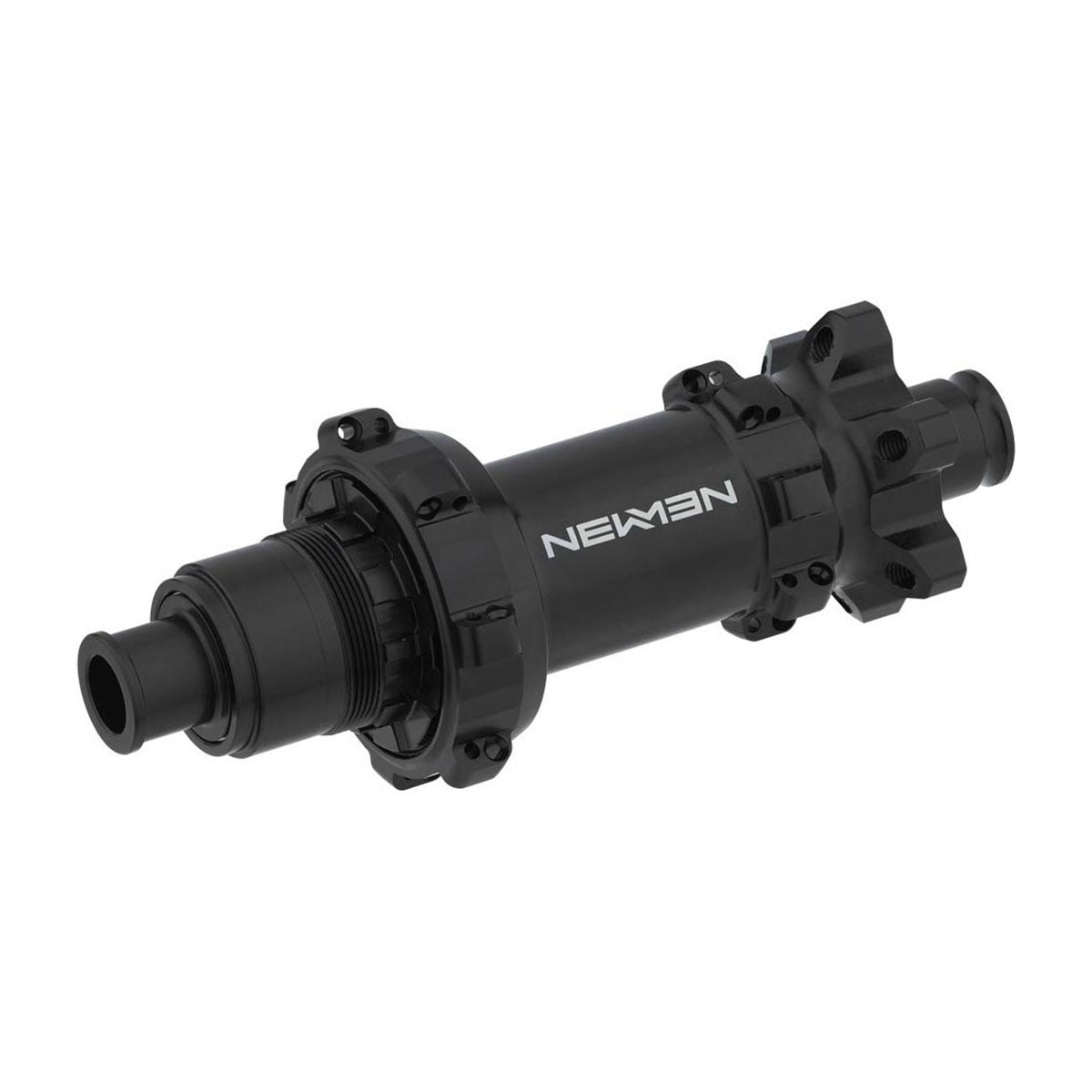 Rear fade MTB hub by NEWMEN, mounted on a bicycle wheel, showcasing its sleek black design and robust construction.