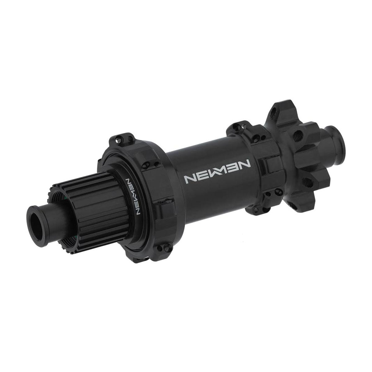 Rear fade MTB hub by NEWMEN for ZEITBIKE, showcasing the black alloy hub with detailed threading and branding.