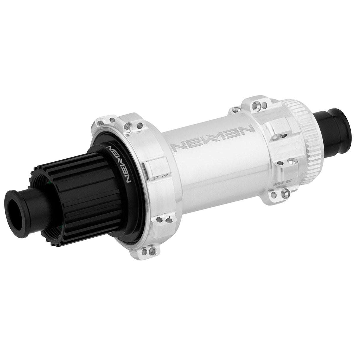 Rear fade MTB hub by NEWMEN, branded ZEITBIKE, showing the silver hub with detailed flanges and axle in a close-up view.