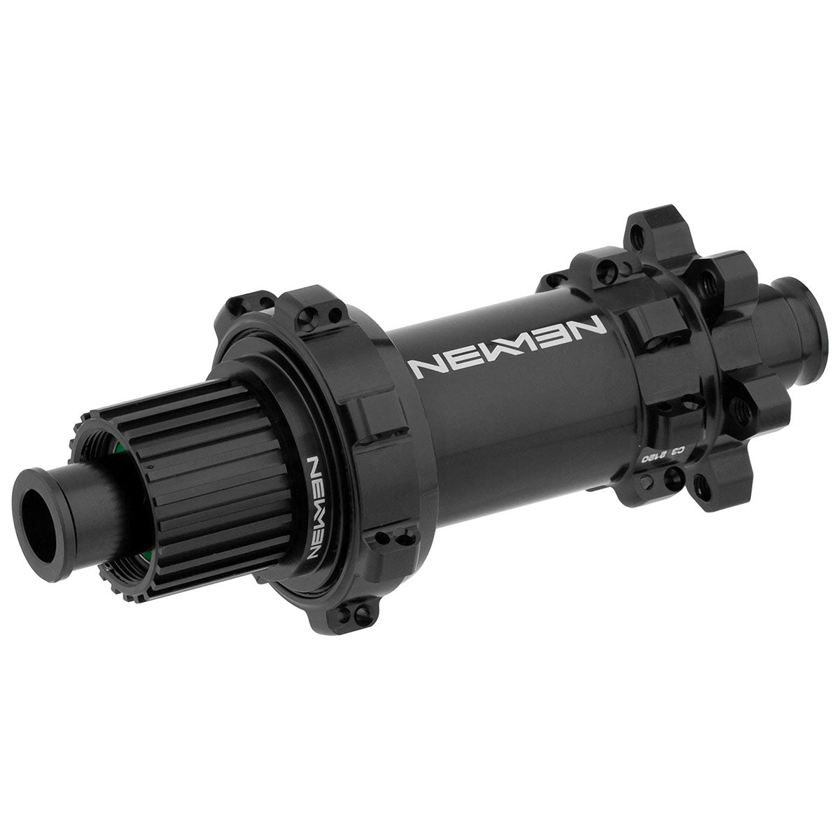 Rear fade MTB hub by NEWMEN, featuring black finish and alloy construction, mounted on a bicycle wheel.