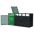 Outdoor black galvanized steel garbage bin storage shed by HomePacific, designed to hold three trash cans in a secure outdoor space.