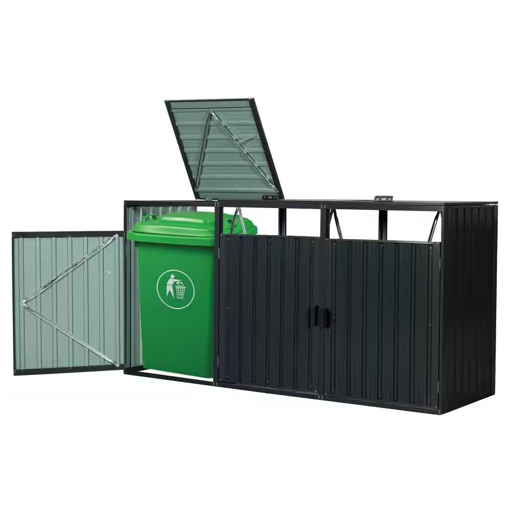 Outdoor black galvanized steel garbage bin storage shed by HomePacific, designed to hold three trash cans in a secure outdoor space.