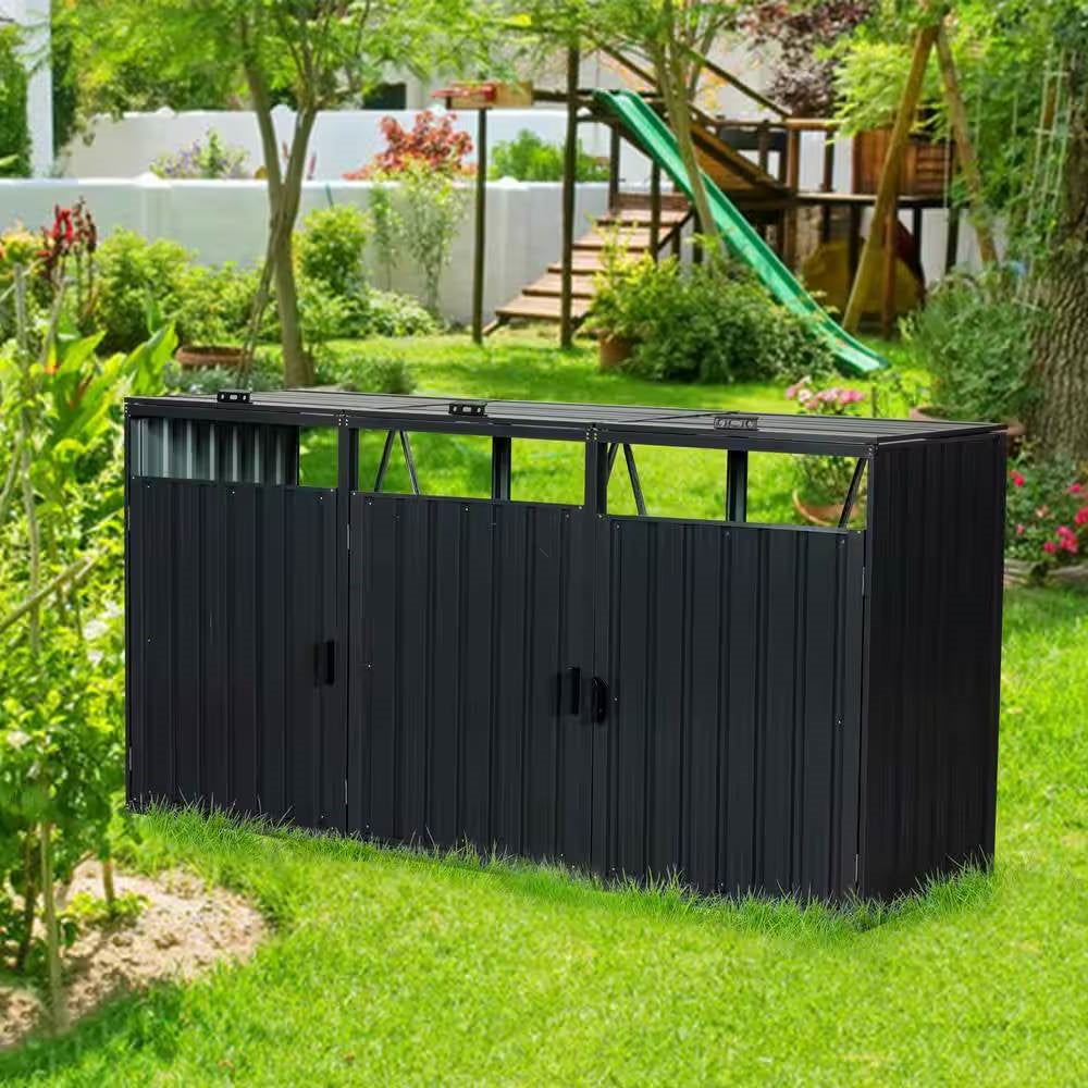 Outdoor black galvanized steel garbage bin storage shed by HomePacific, designed to hold three trash cans securely.