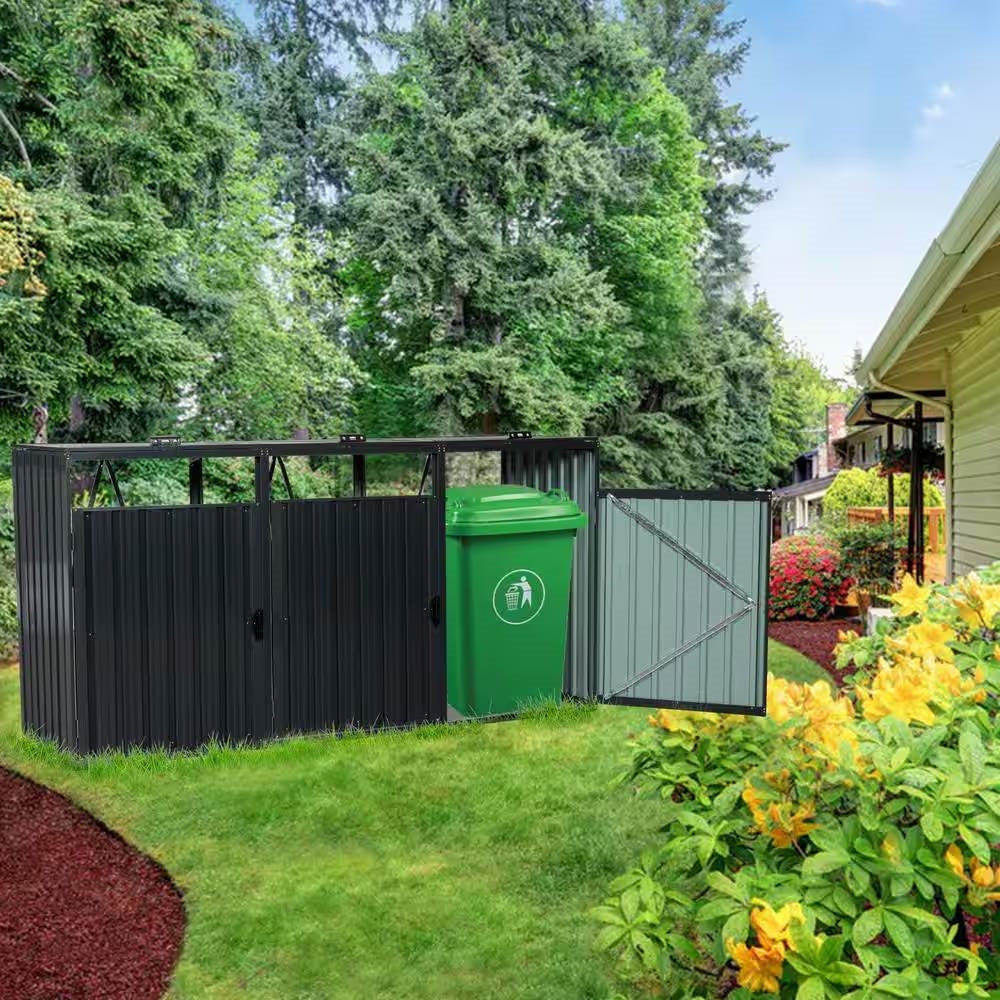 Outdoor Black Galvanized Steel Garbage Bin Storage Shed by HomePacific, designed to hold three trash cans securely outside.