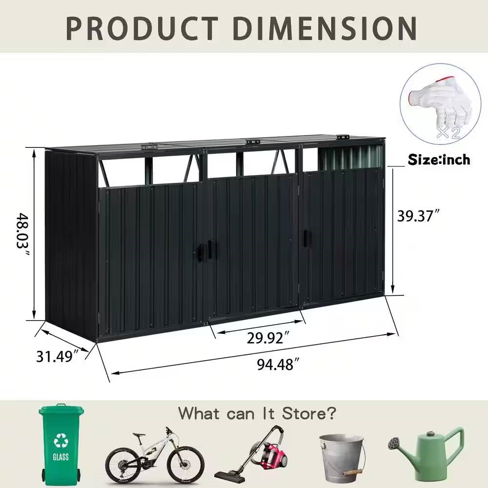 Outdoor black galvanized steel garbage bin storage shed by HomePacific, designed to hold three trash cans securely.