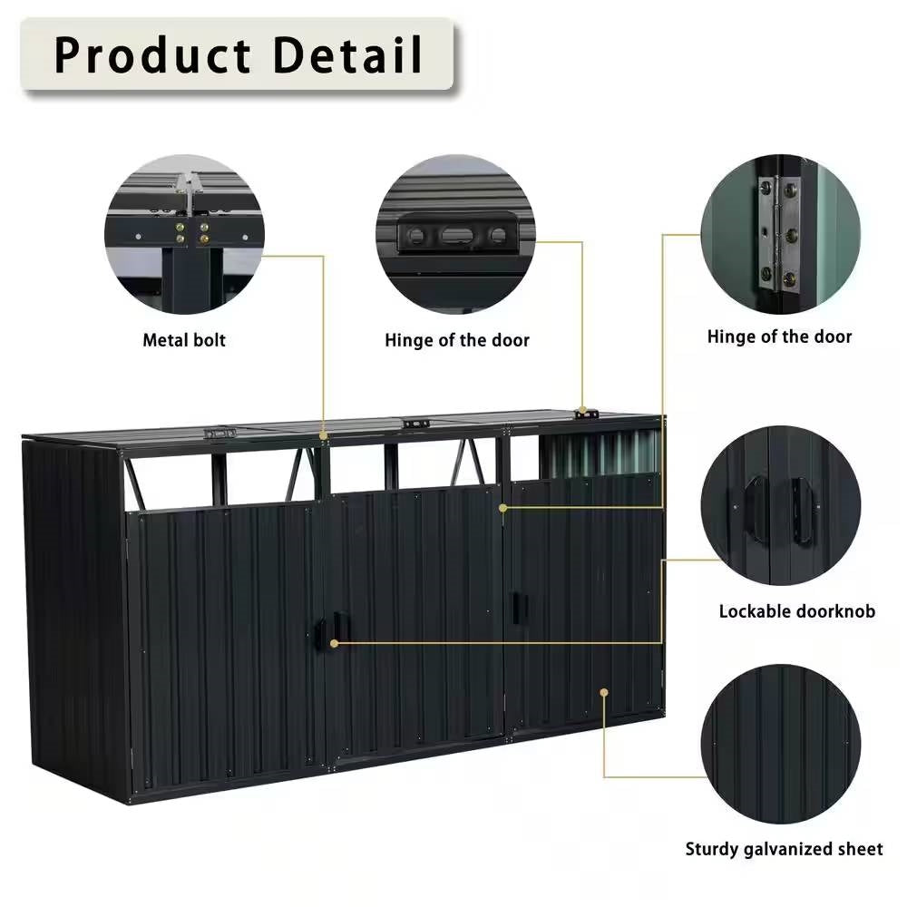 Outdoor black galvanized steel garbage bin storage shed by HomePacific, designed to hold three trash cans securely outdoors.