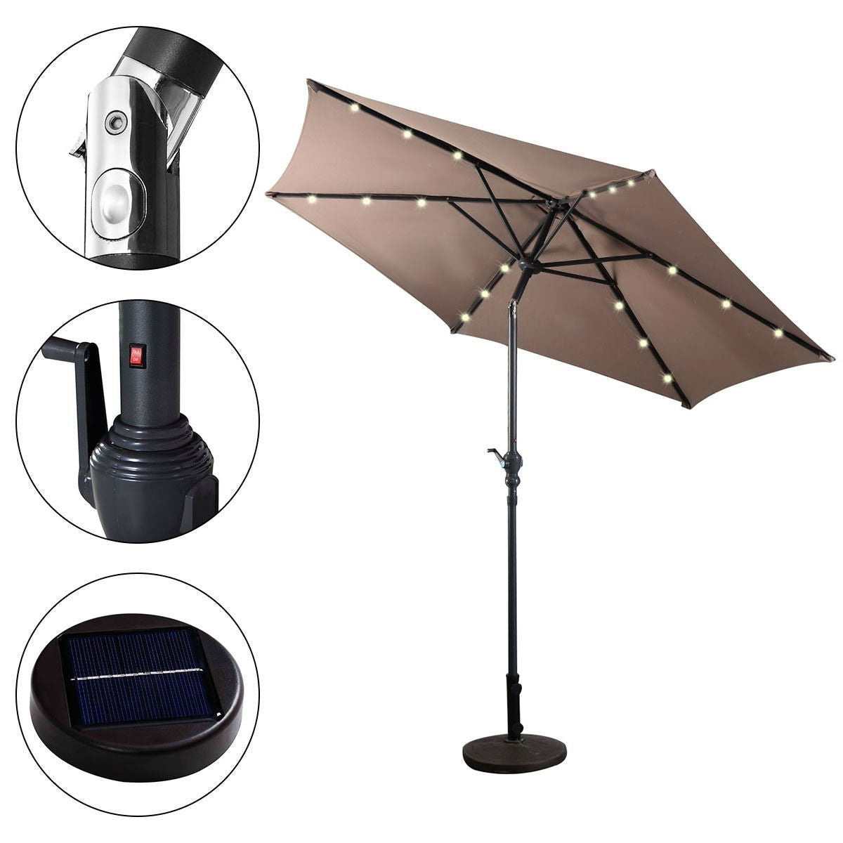 Tan 9-ft patio umbrella with steel pole, crank tilt, and solar LED lights, outdoor patio furniture by HomePacific.