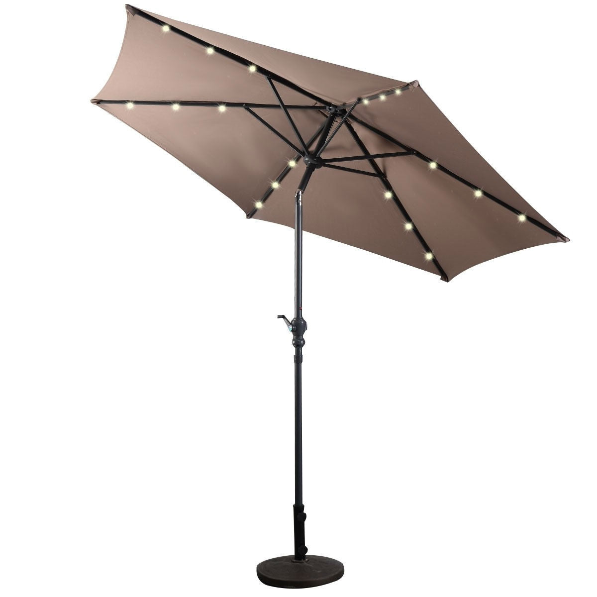 Tan 9-foot patio umbrella with steel pole, crank tilt, and solar LED lights, ideal for outdoor patio furniture from HomePacific.