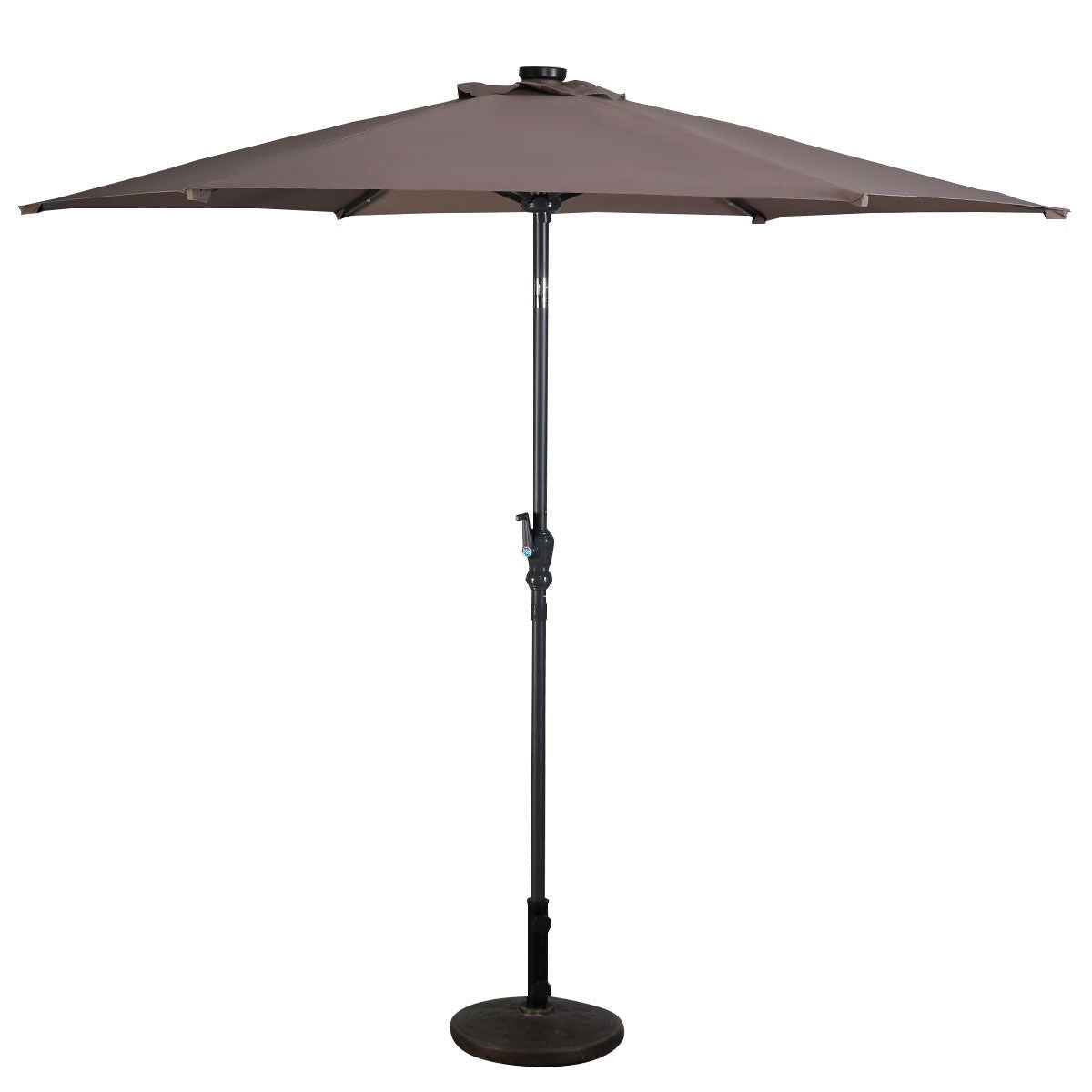 Tan 9-foot patio umbrella with steel pole, crank tilt, and solar LED lights, outdoor furniture by HomePacific