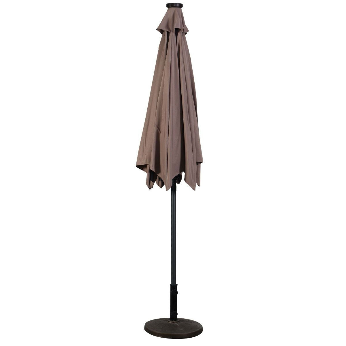 Tan 9-foot patio umbrella with steel pole, crank tilt, and solar LED lights for outdoor patio furniture by HomePacific.