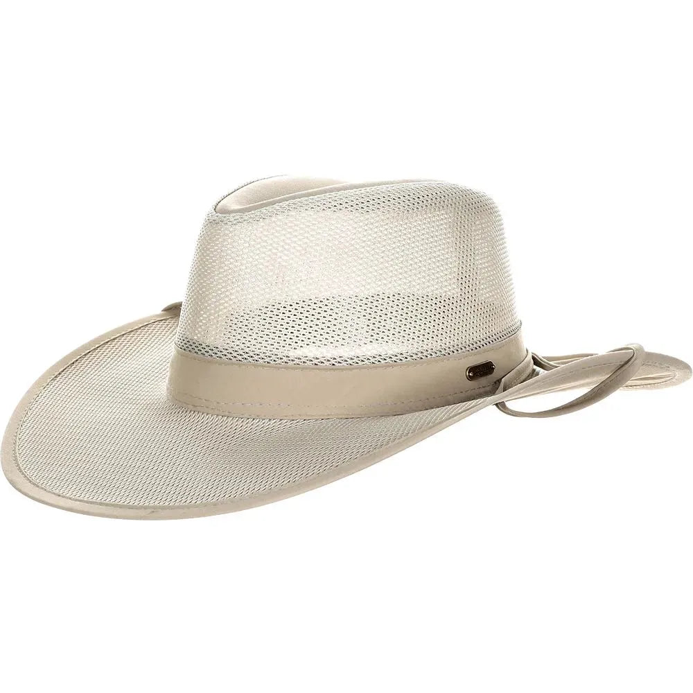 Khaki Scala Montana UPF50+ No Fly Zone™ nylon outback hat with wide brim and chin strap, designed for sun protection and outdoor wear.