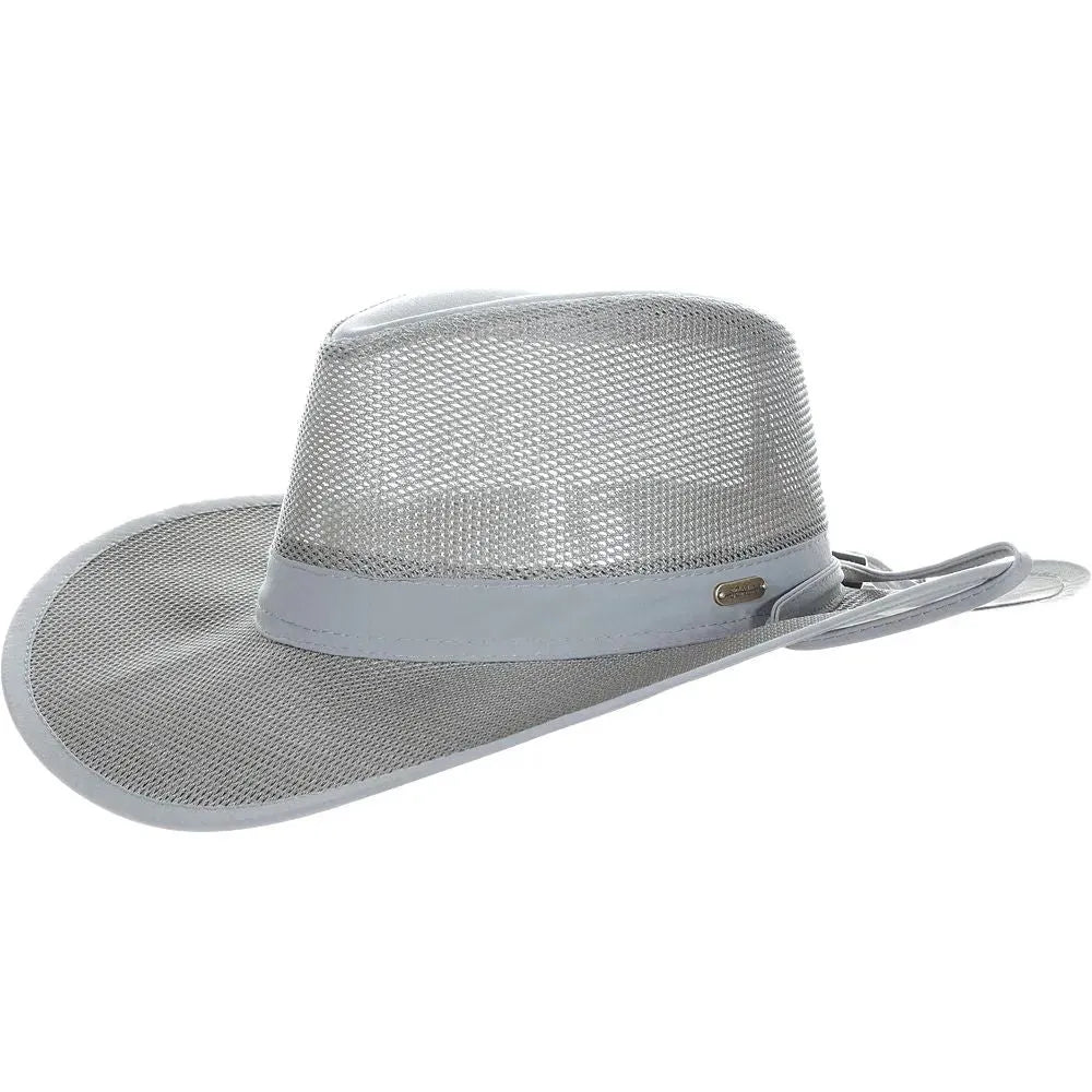 Scala Montana UPF50+ No Fly Zone nylon outback hat with wide brim and chin strap, designed for sun protection and outdoor wear.