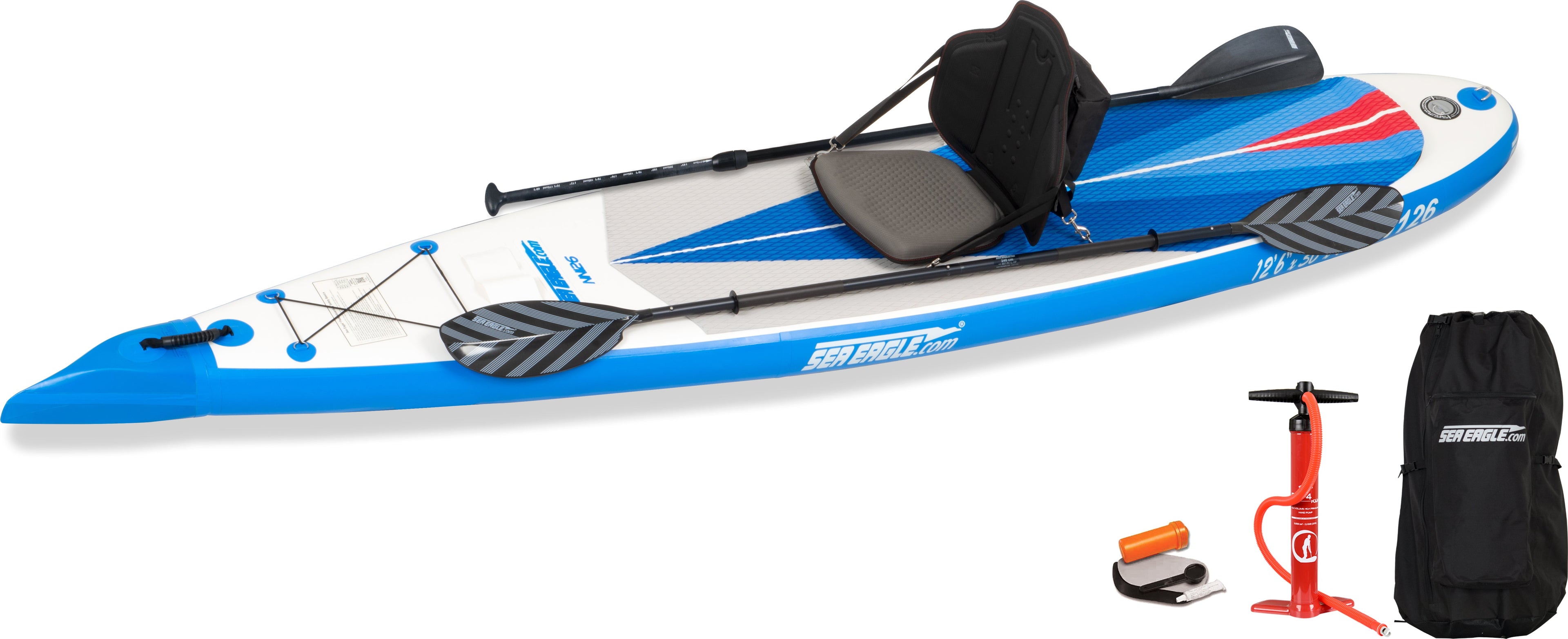 Backcountry Sportsman NN126 NeedleNose™ inflatable paddleboard with paddle and gear in a clear outdoor setting.