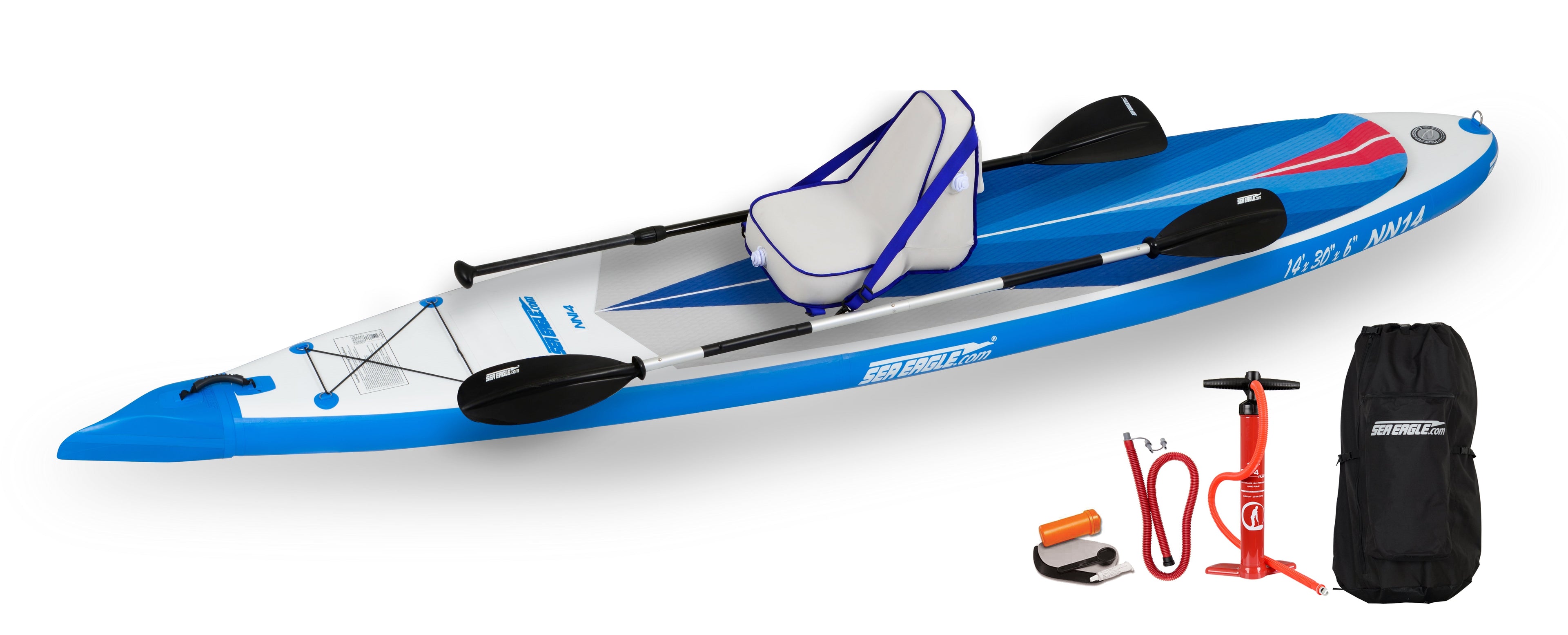 Backcountry Sportsman NN14 Pro NeedleNose inflatable paddleboard in black with paddle and pump included in the startup package.