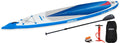 Backcountry Sportsman NN14 Pro NeedleNose inflatable paddleboard with paddle and accessories in startup package, on a sandy beach.