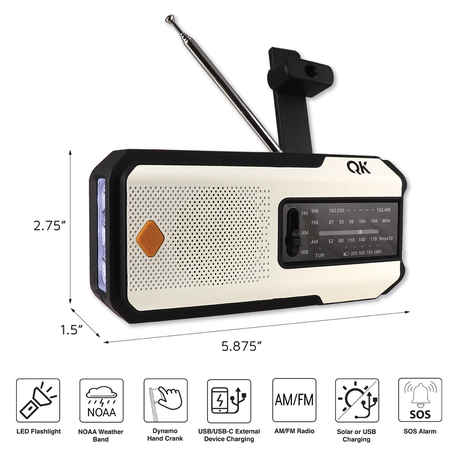 NOAA weather band radio with flashlight, solar, dynamo, and USB charging, designed for emergency survival and outdoor use.