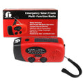 4-in-1 Dynamo NOAA radio and flashlight in red, designed for communication and light during emergencies.