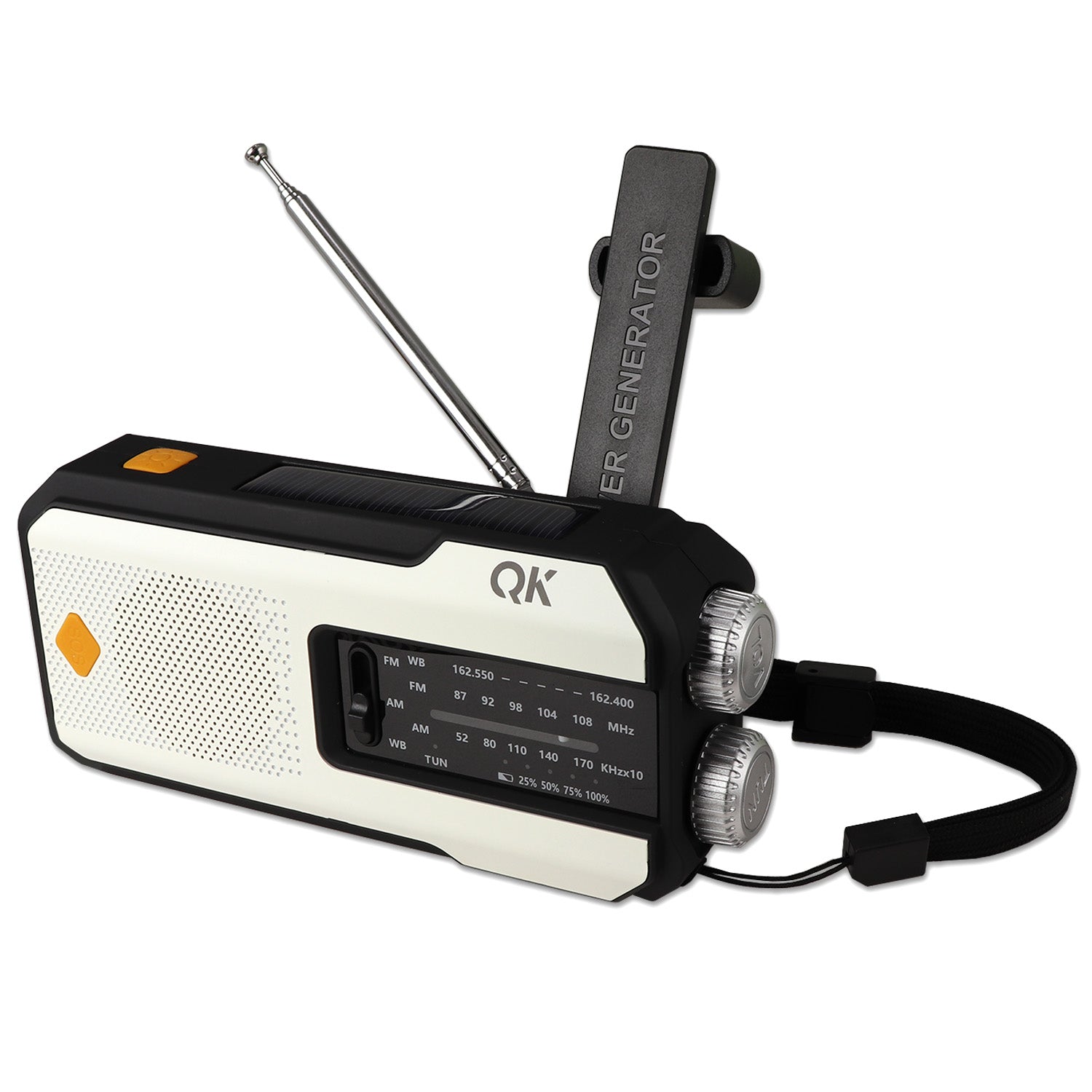 Portable NOAA weather band radio with solar, dynamo, and USB flashlight for emergency communication and lighting.