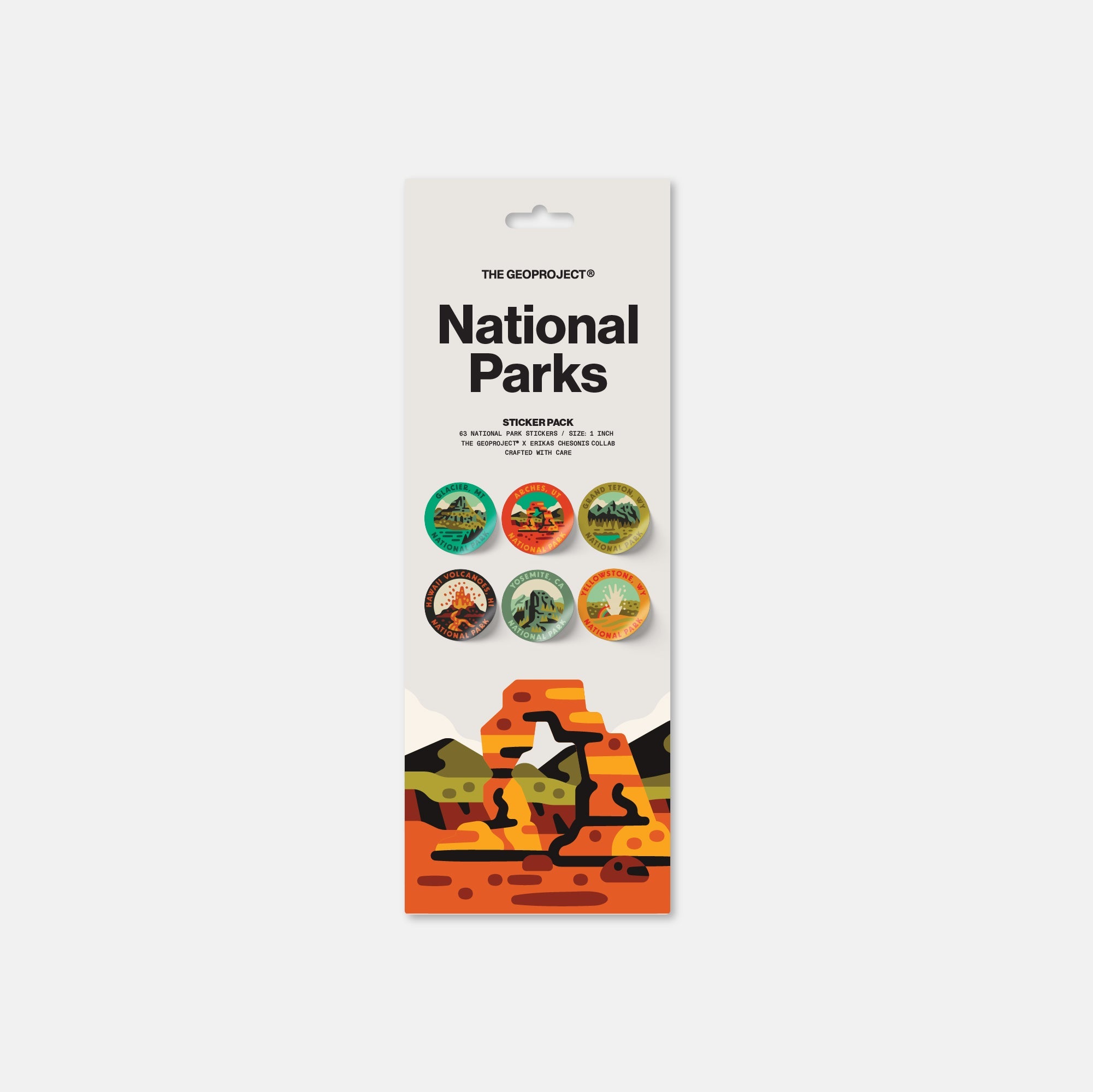 Set of National Park stickers from THE GEOPROJECT featuring various park designs on a transparent background.