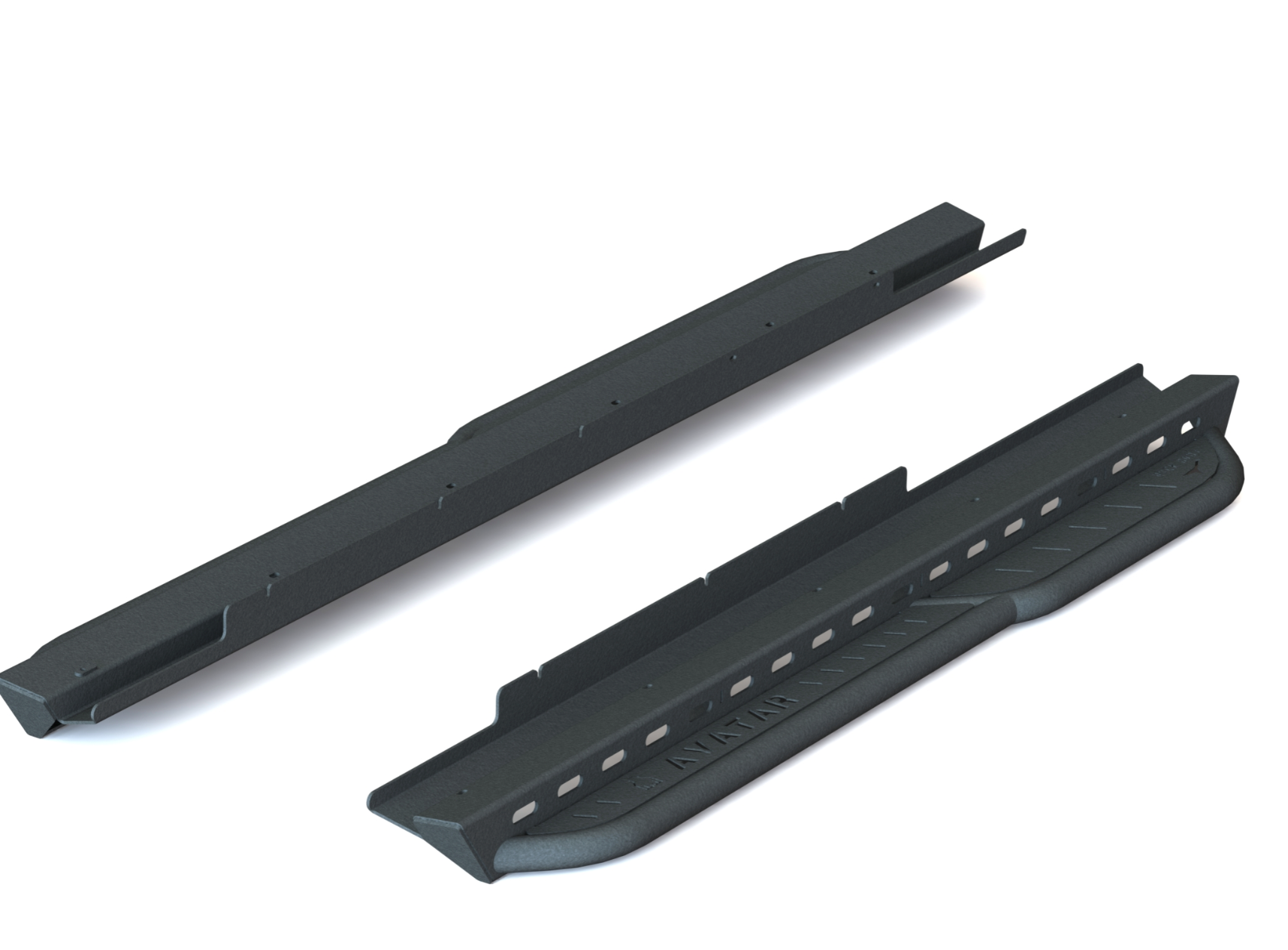 Avatar Offroad NV3500 RockBody side steps mounted on vehicle, durable black side steps with textured surface for added grip.