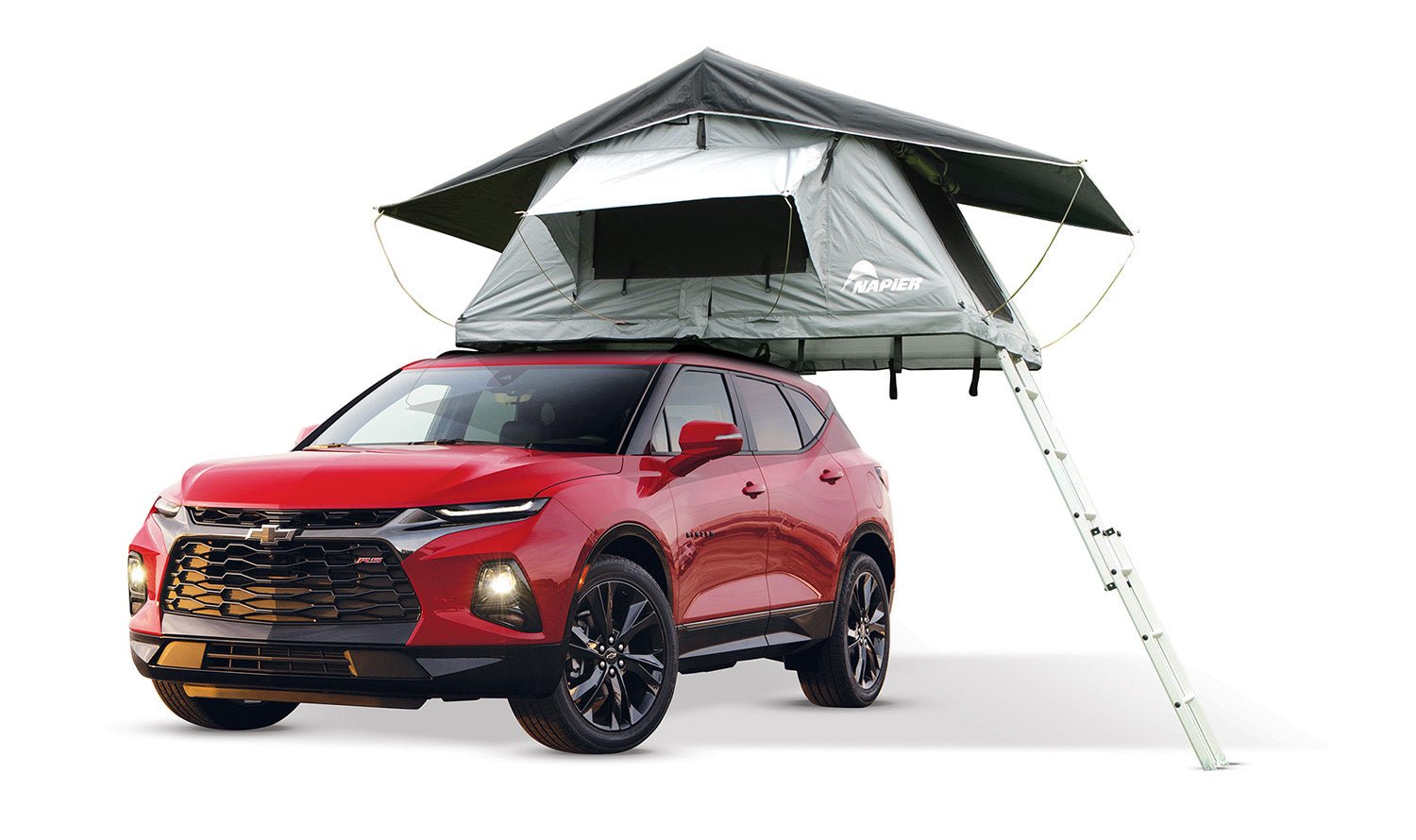 Backcountry Sportsman Napier rooftop tent set up on a vehicle, showcasing its durable fabric and spacious interior for outdoor camping.