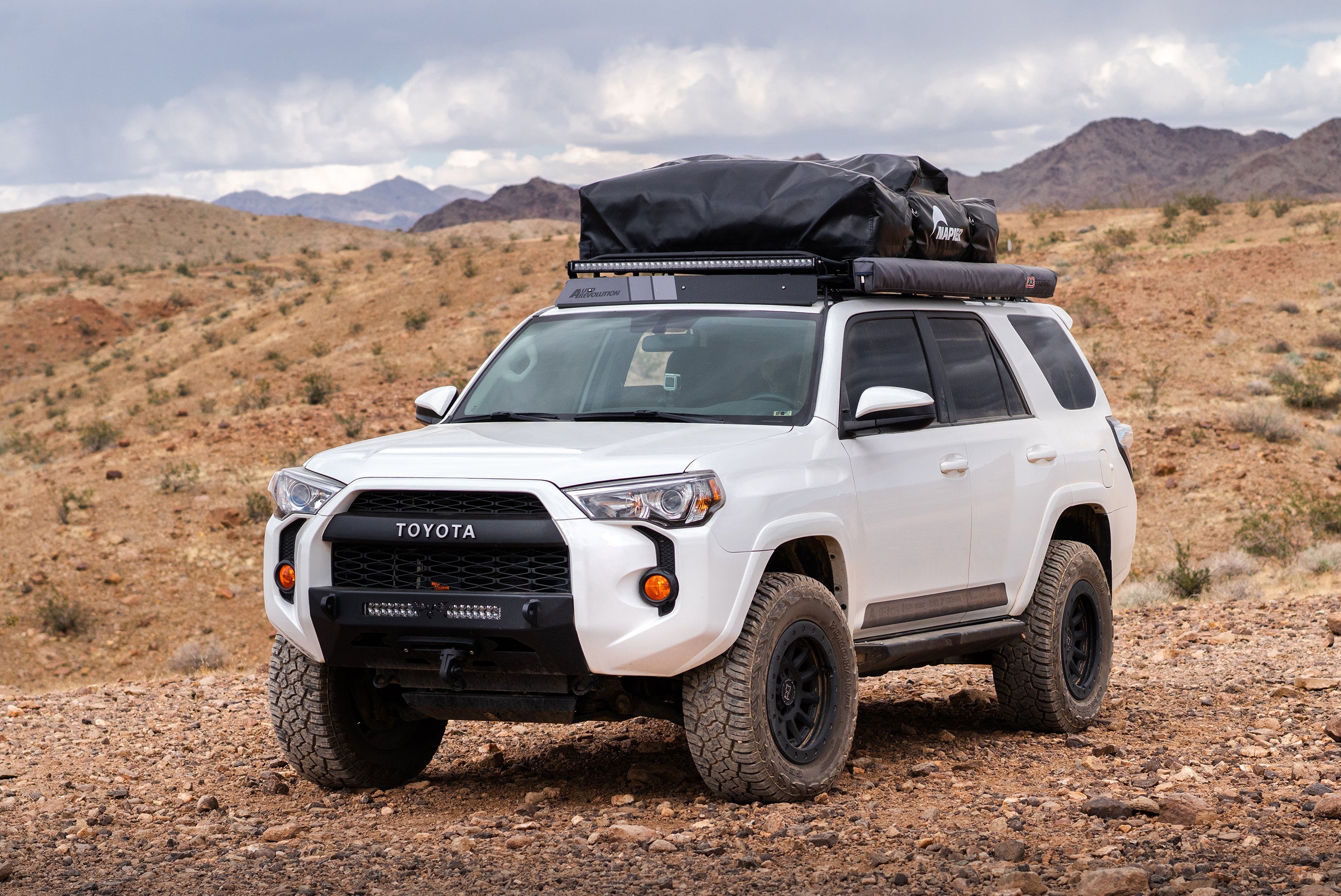 Backcountry Sportsman Napier rooftop tent set up on a vehicle, showcasing its spacious design and durable fabric for outdoor camping.