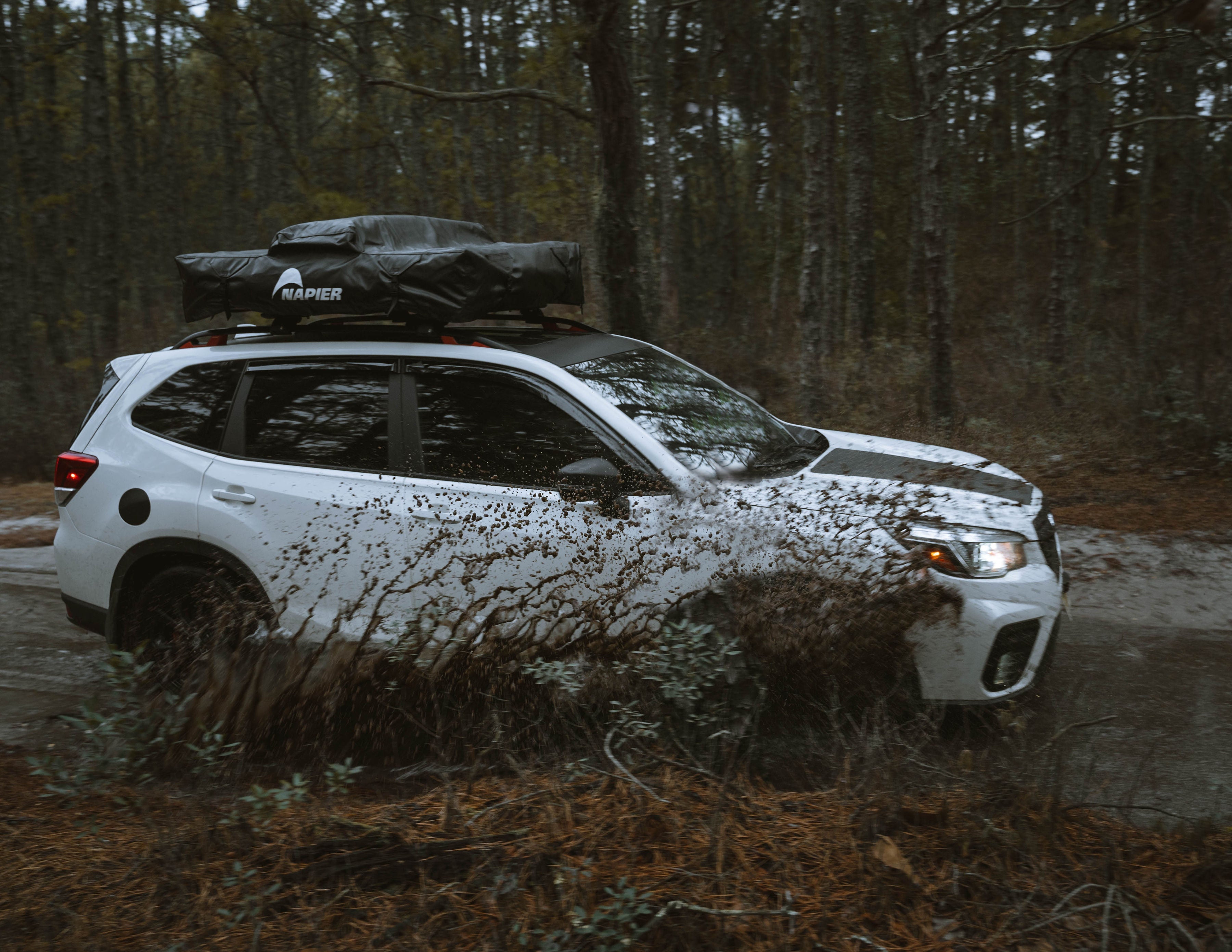 Backcountry Sportsman Napier rooftop tent set up on a vehicle, showcasing its durable fabric and spacious interior for outdoor camping.