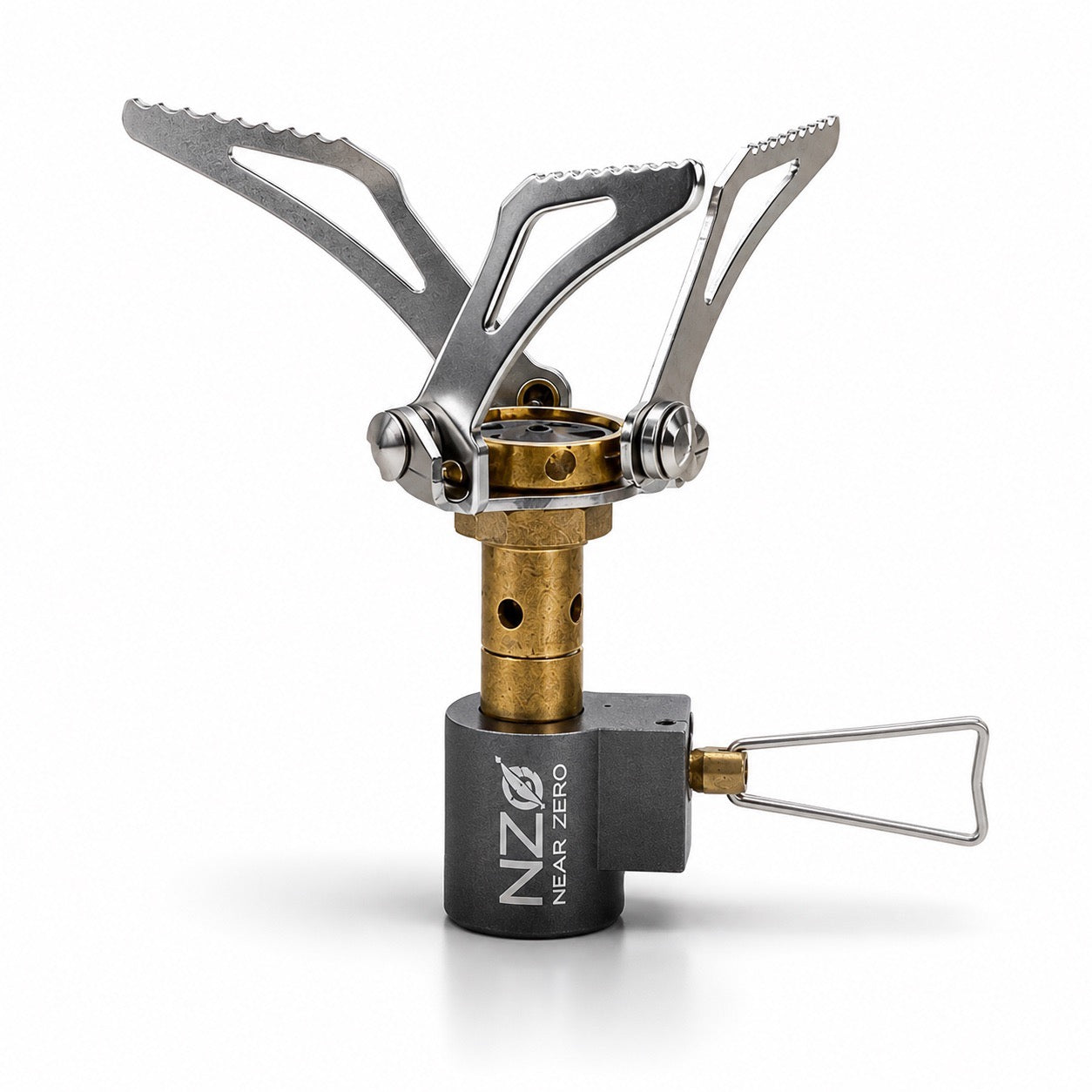 White Near Zero Outdoor Gear Mini Stove showing compact portable design and control knob on a plain background.