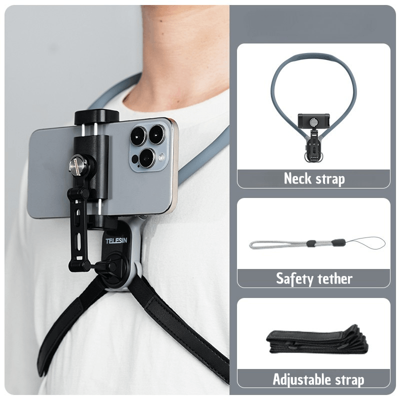 Bean's Moto Booth TELESIN neck-mounted phone and camera holder with strap, ideal for hands-free filming and photography.