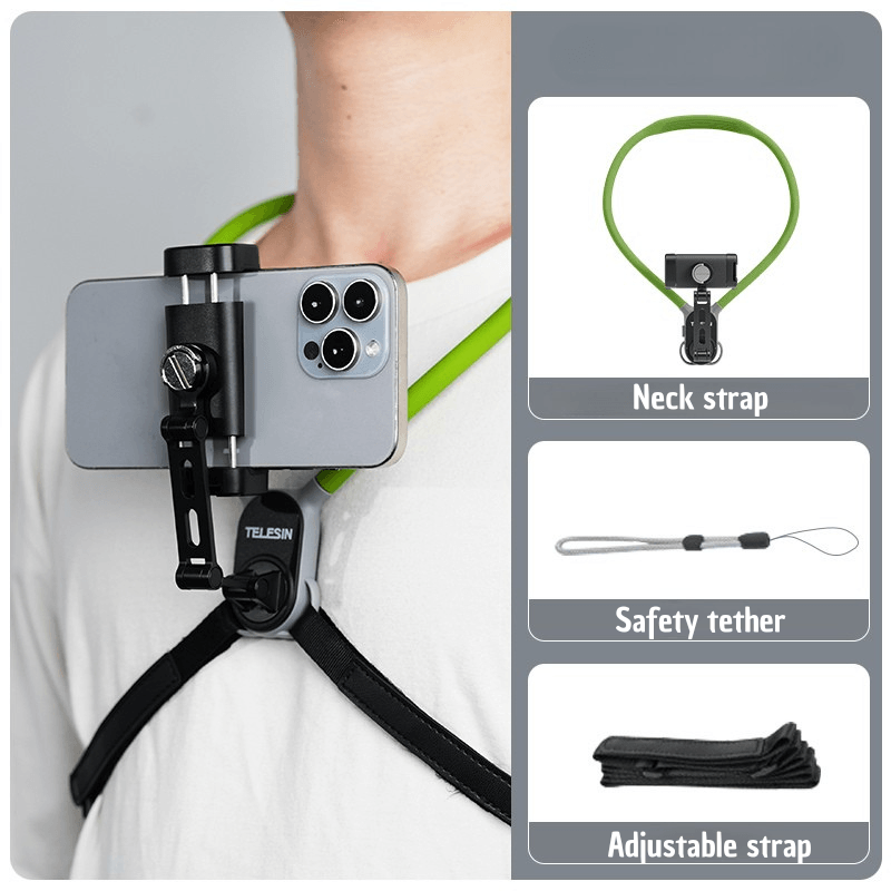 Bean's Moto Booth TELESIN neck-mounted phone and camera holder with adjustable strap for hands-free filming and photography.