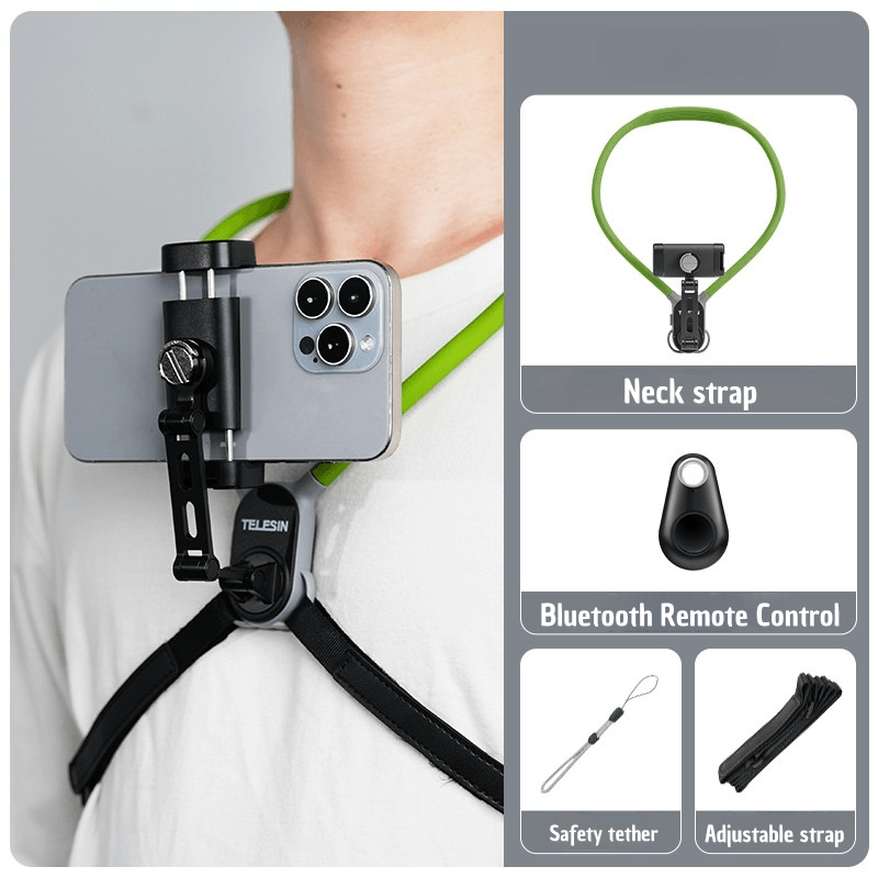 Bean's Moto Booth TELESIN neck-mounted camera and phone holder with adjustable strap for hands-free recording and easy access.