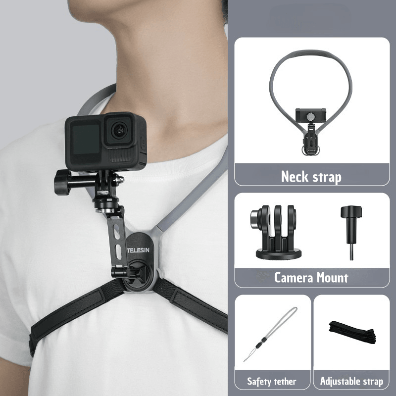 Bean's Moto Booth TELESIN neck-mounted phone and camera holder with adjustable strap for hands-free filming and photography.