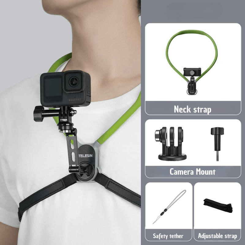 Bean's Moto Booth TELESIN neck-mounted phone and camera holder with adjustable strap for hands-free filming and photography.