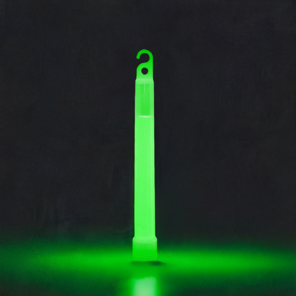 Green glow stick from Quake Kits for emergencies and camping, providing bright, long-lasting light and communication in dark conditions.