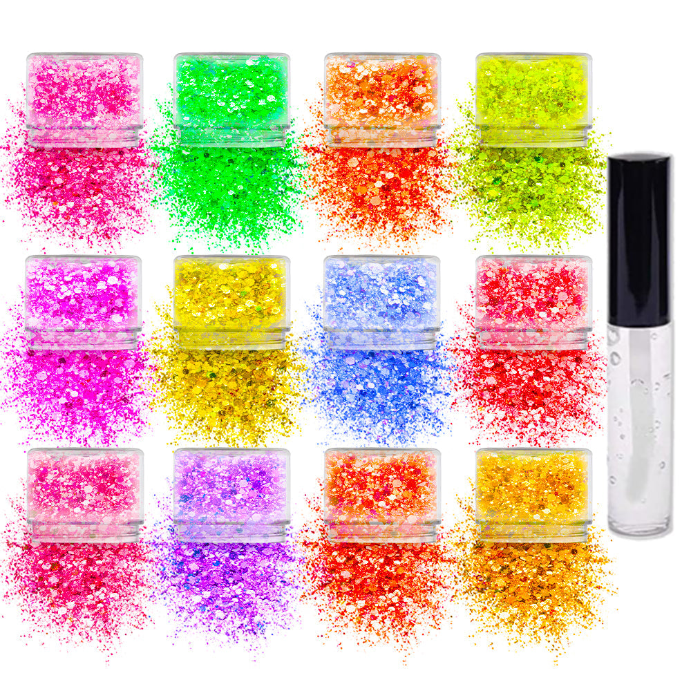 12 pack  Neon Glitter + 1 glitter glue Chunky Cosmetic Holographic Glitter | Body, Face & Hair Safe - OVERLANDERS Outfitter