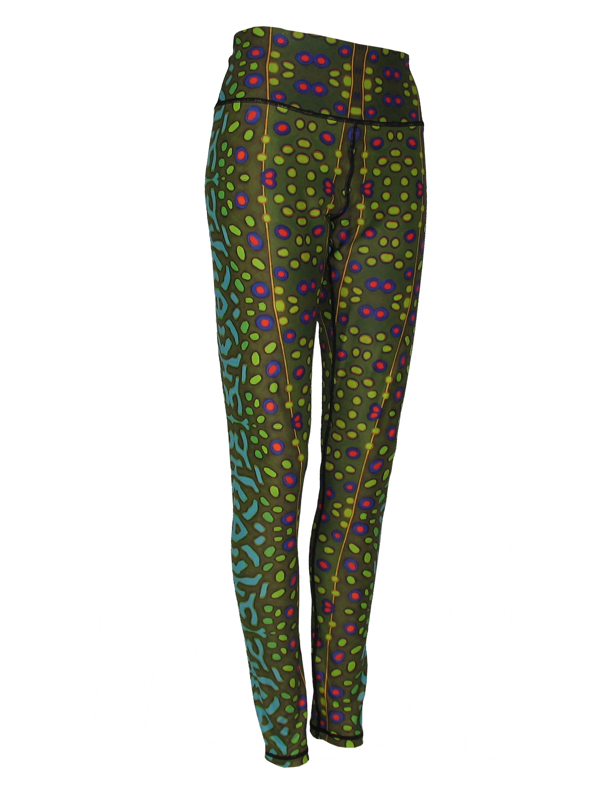 All sport leggings with a brook trout fish print pattern by Cognito Brands, Inc., featuring vibrant aquatic-themed design.